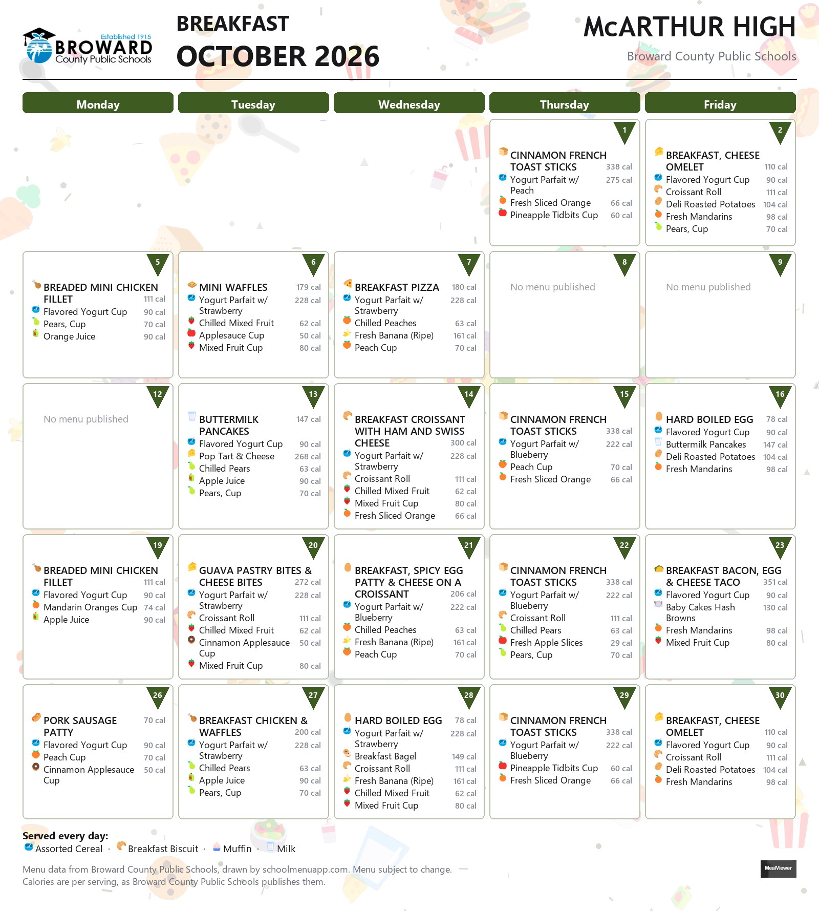 McARTHUR HIGH breakfast menu for October 2026 &mdash; Broward County Public Schools