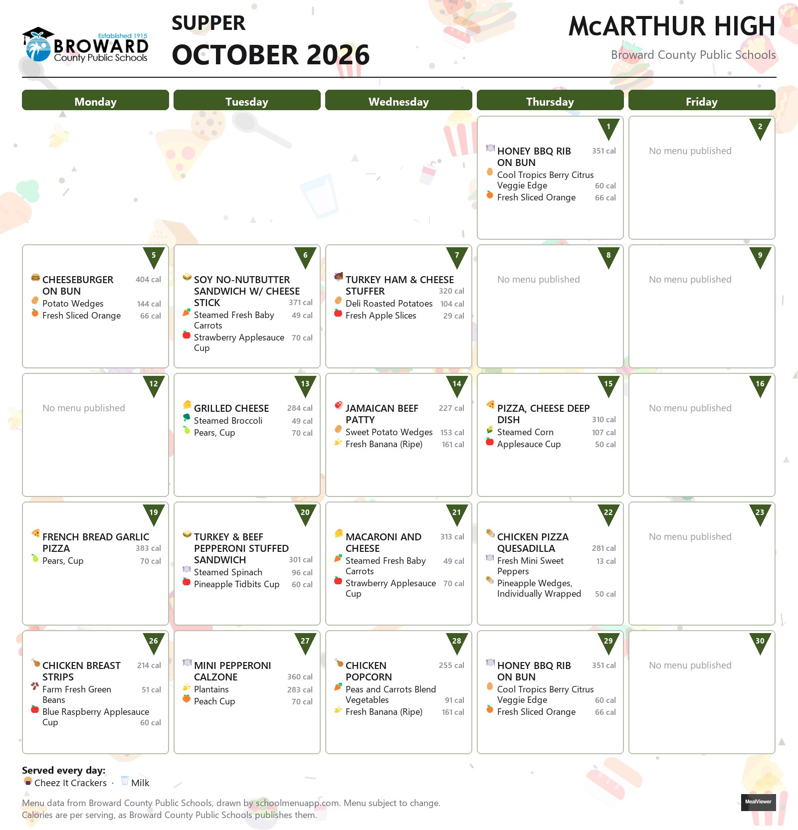 McARTHUR HIGH supper menu for October 2026 &mdash; Broward County Public Schools