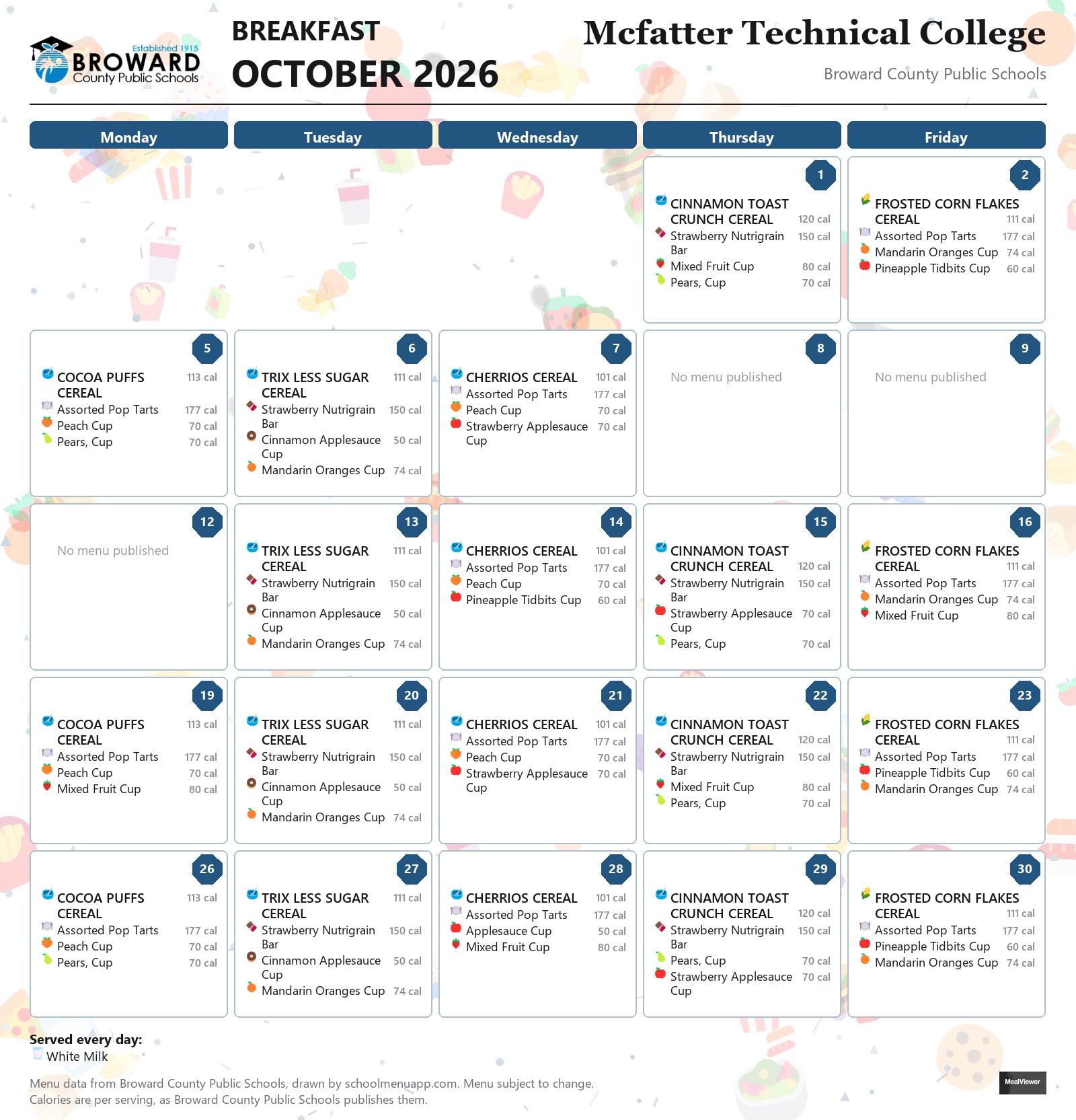 Mcfatter Technical College breakfast menu for October 2026 &mdash; Broward County Public Schools
