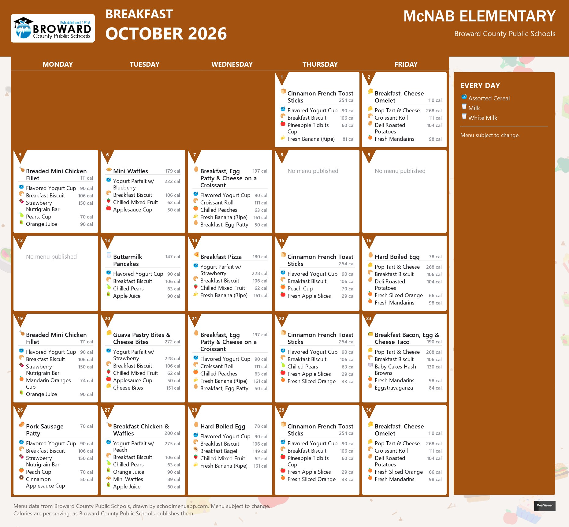 McNAB ELEMENTARY breakfast menu for October 2026 &mdash; Broward County Public Schools