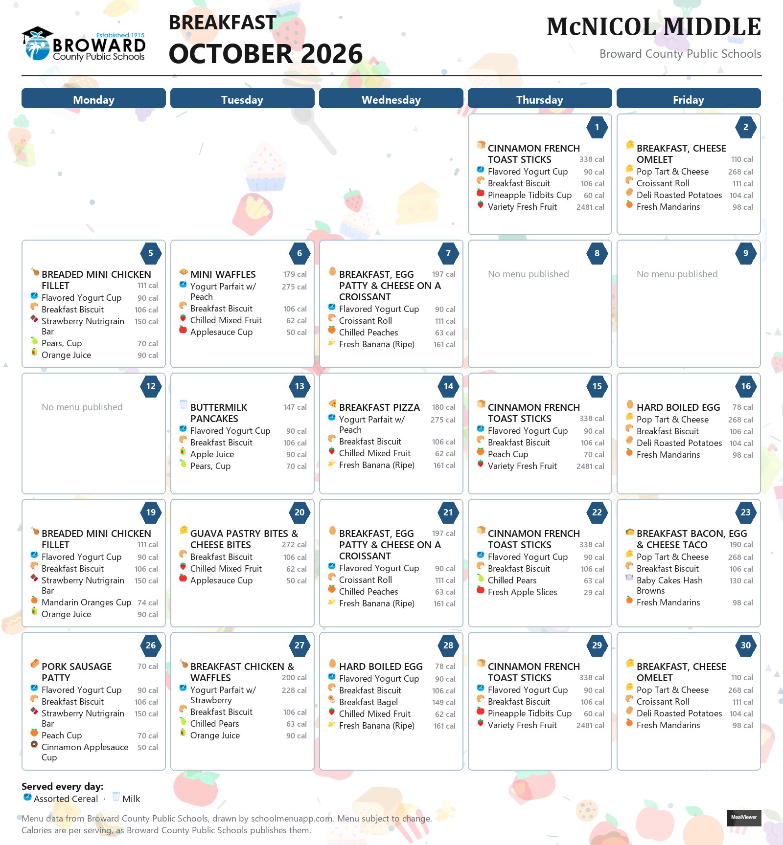 McNICOL MIDDLE breakfast menu for October 2026 &mdash; Broward County Public Schools