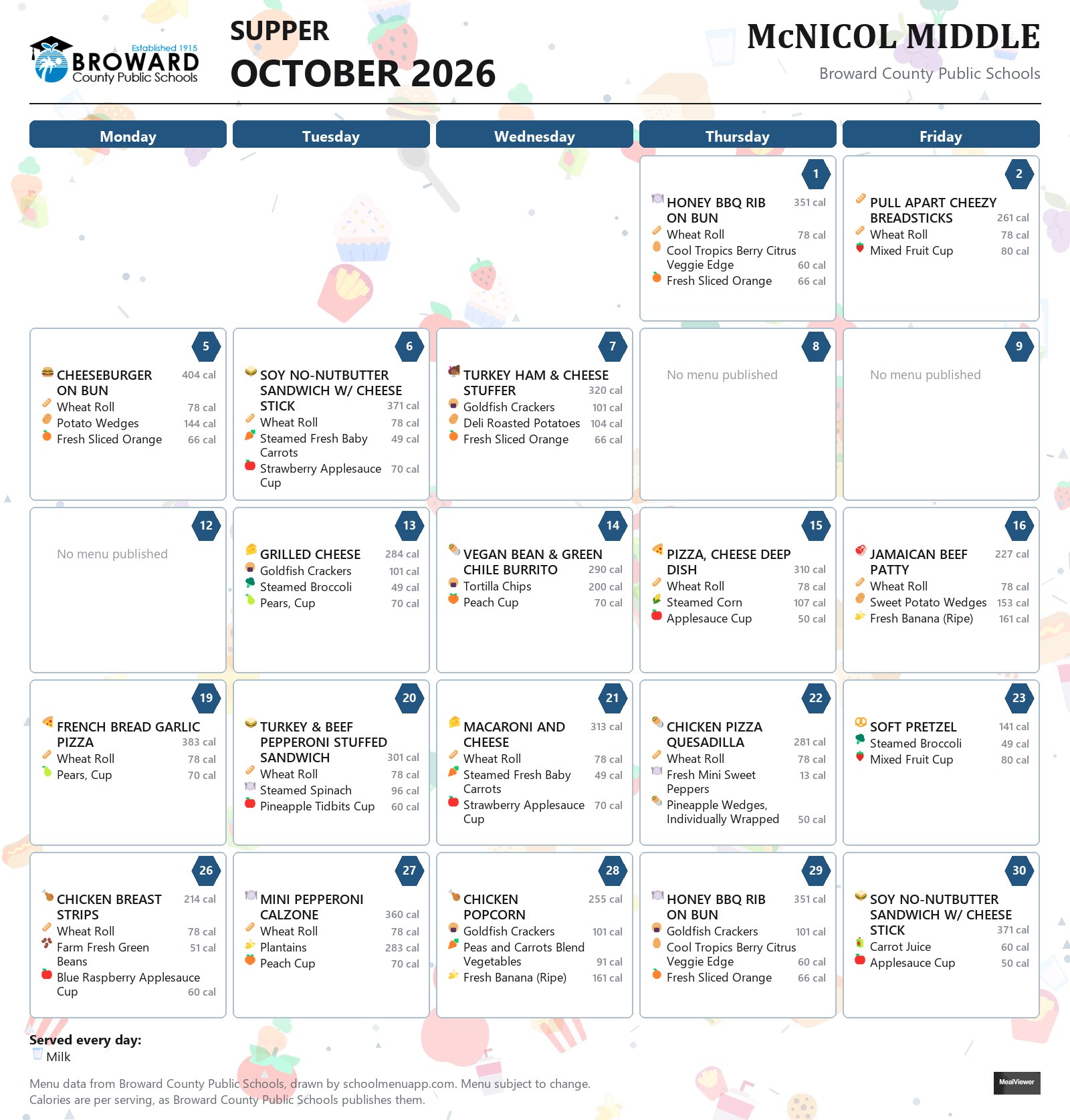 McNICOL MIDDLE supper menu for October 2026 &mdash; Broward County Public Schools