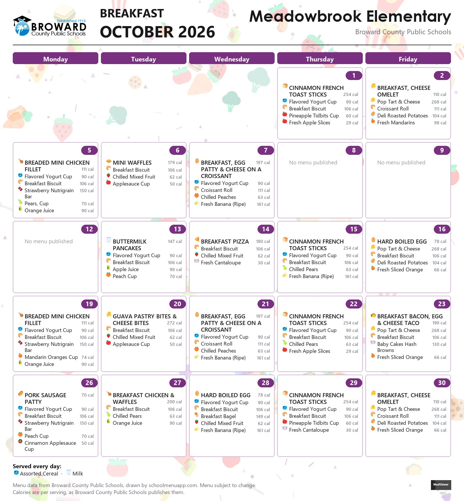 Meadowbrook Elementary breakfast menu for October 2026 &mdash; Broward County Public Schools