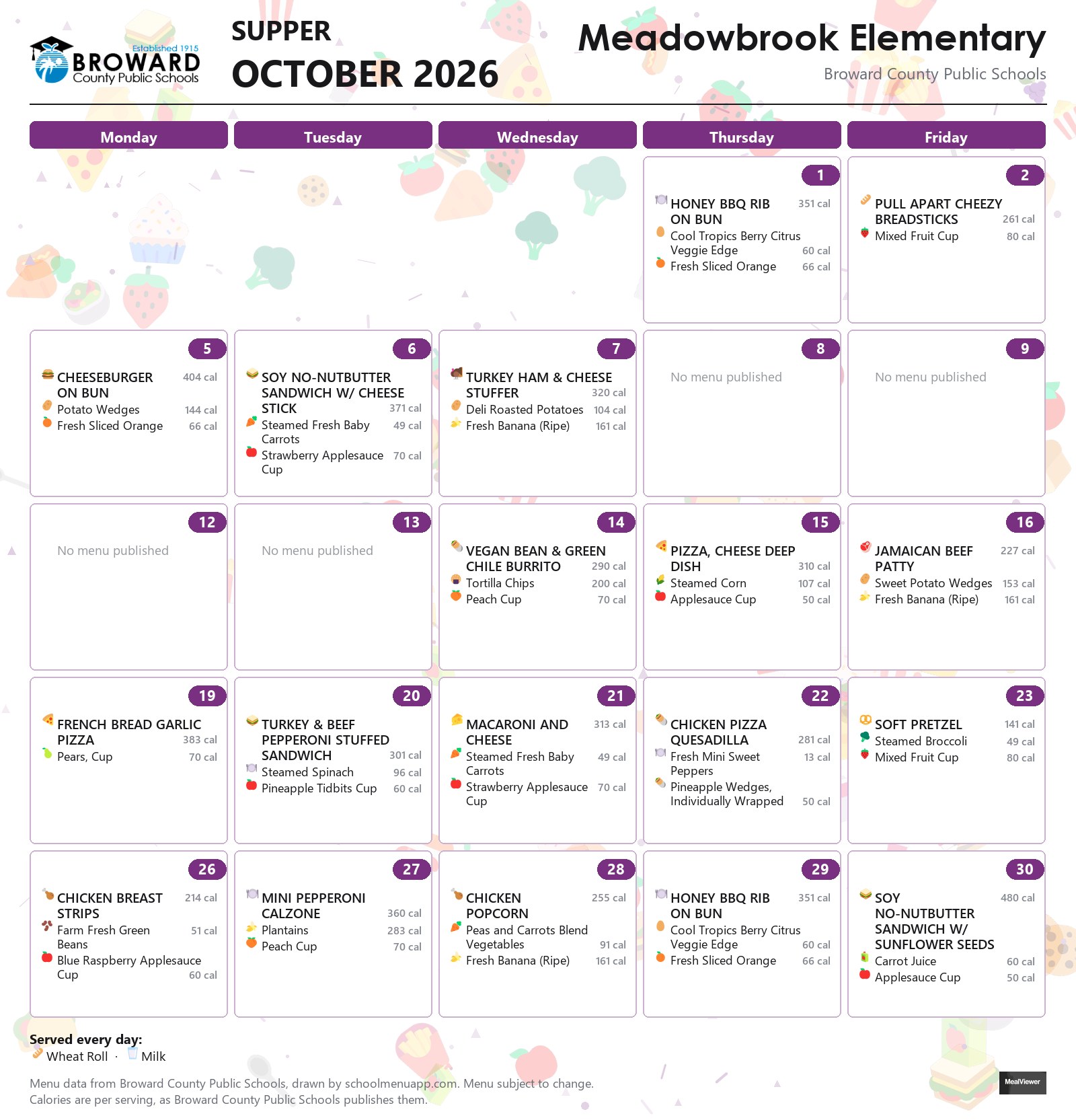 Meadowbrook Elementary supper menu for October 2026 &mdash; Broward County Public Schools