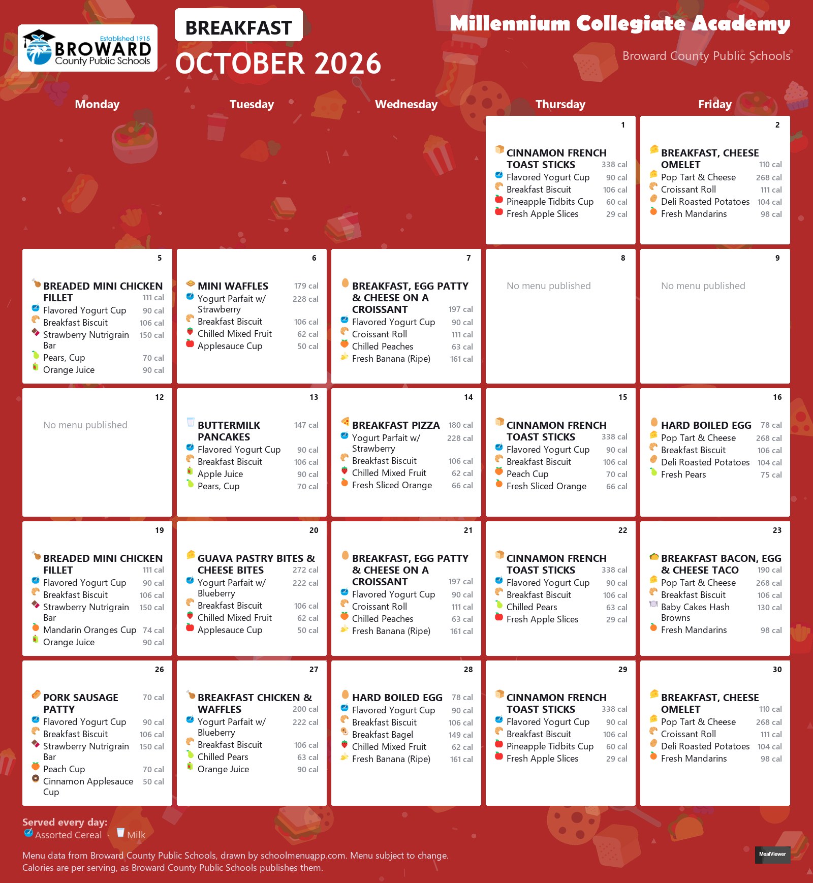 Millennium Collegiate Academy breakfast menu for October 2026 &mdash; Broward County Public Schools