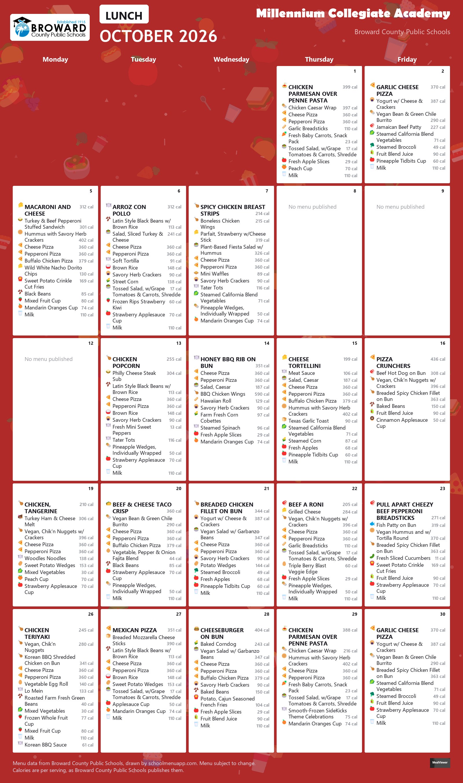 Millennium Collegiate Academy lunch menu for October 2026 &mdash; Broward County Public Schools