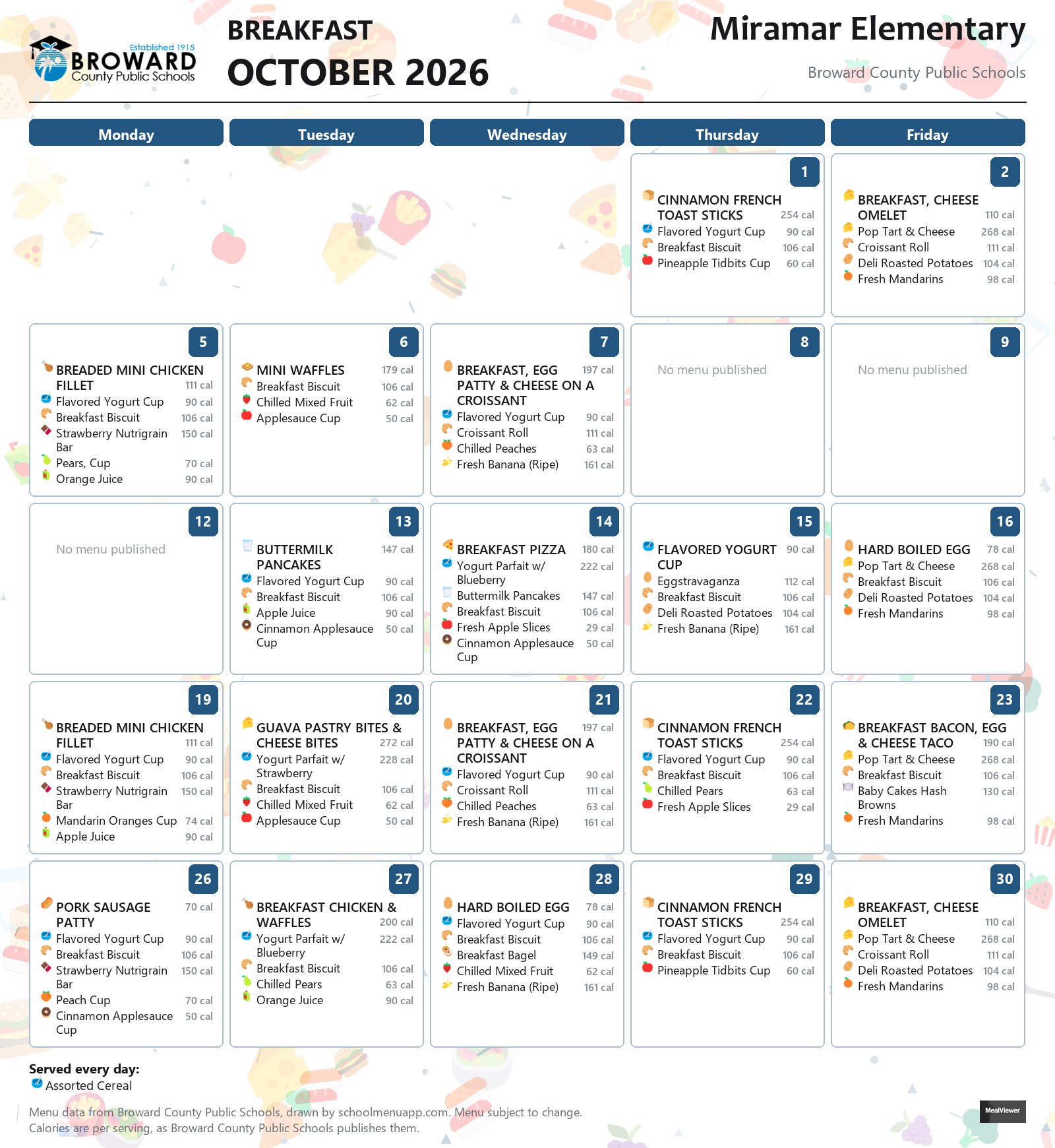 Miramar Elementary breakfast menu for October 2026 &mdash; Broward County Public Schools