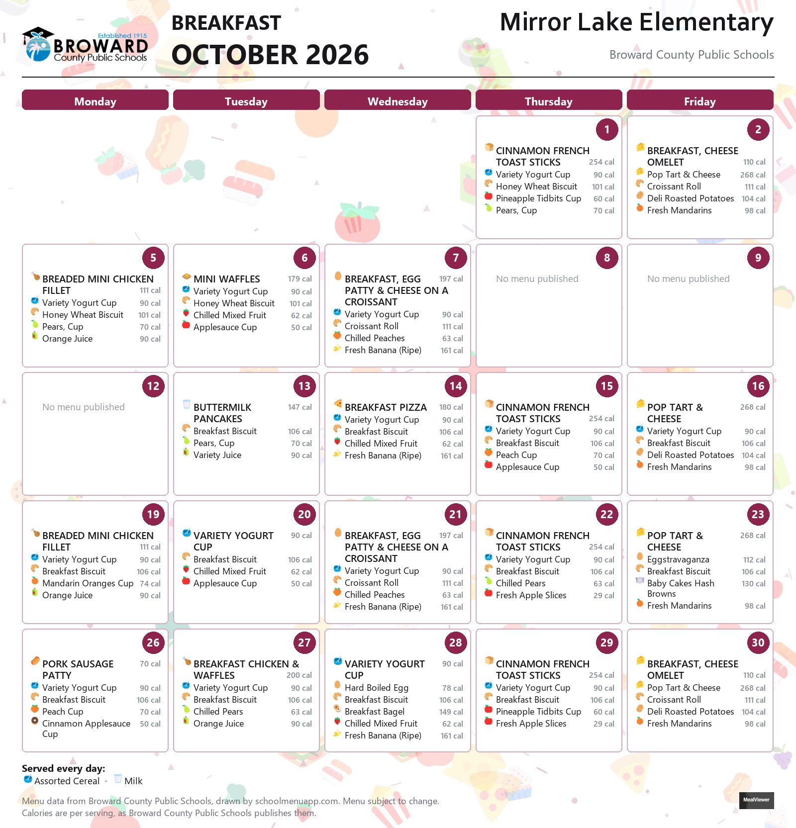 Mirror Lake Elementary breakfast menu for October 2026 &mdash; Broward County Public Schools