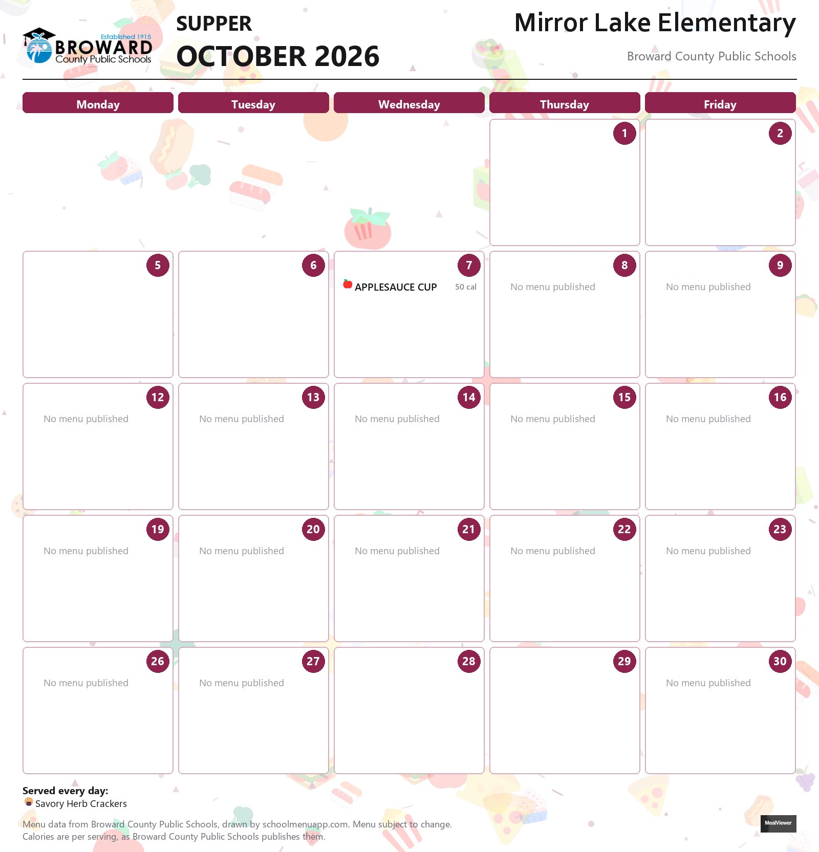Mirror Lake Elementary supper menu for October 2026 &mdash; Broward County Public Schools