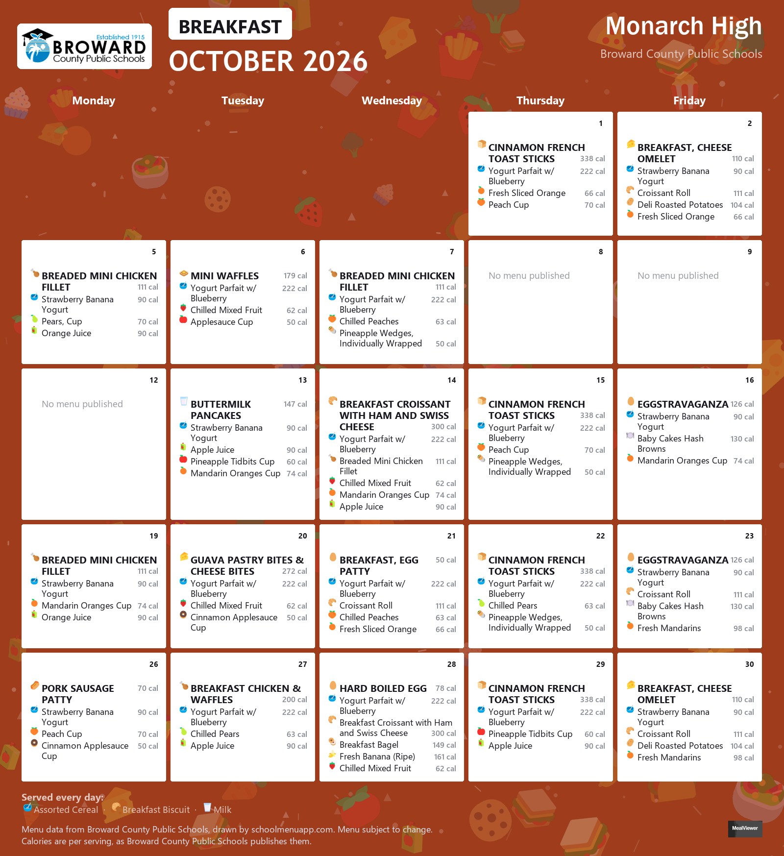 Monarch High breakfast menu for October 2026 &mdash; Broward County Public Schools