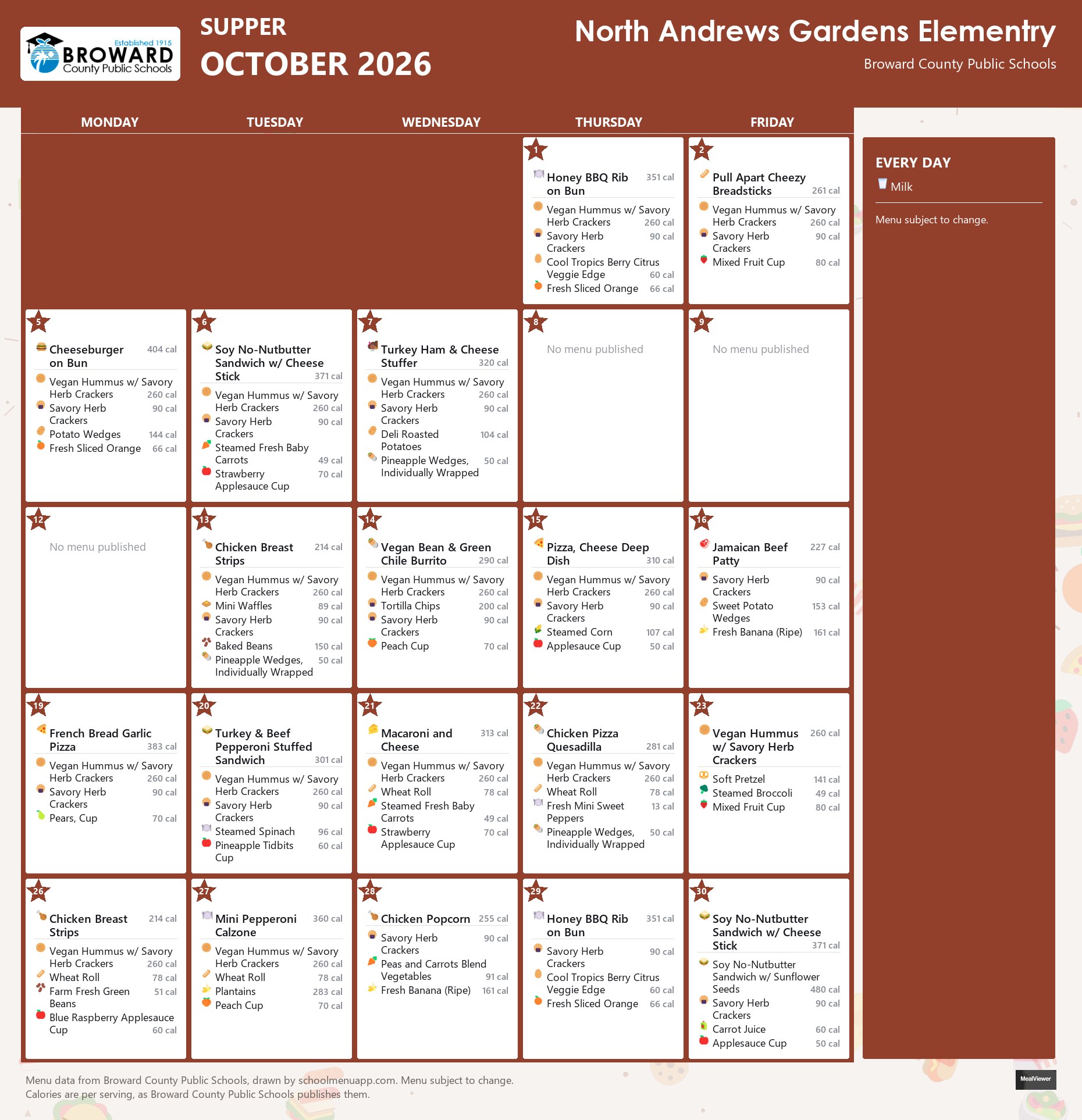 North Andrews Gardens Elementry supper menu for October 2026 &mdash; Broward County Public Schools