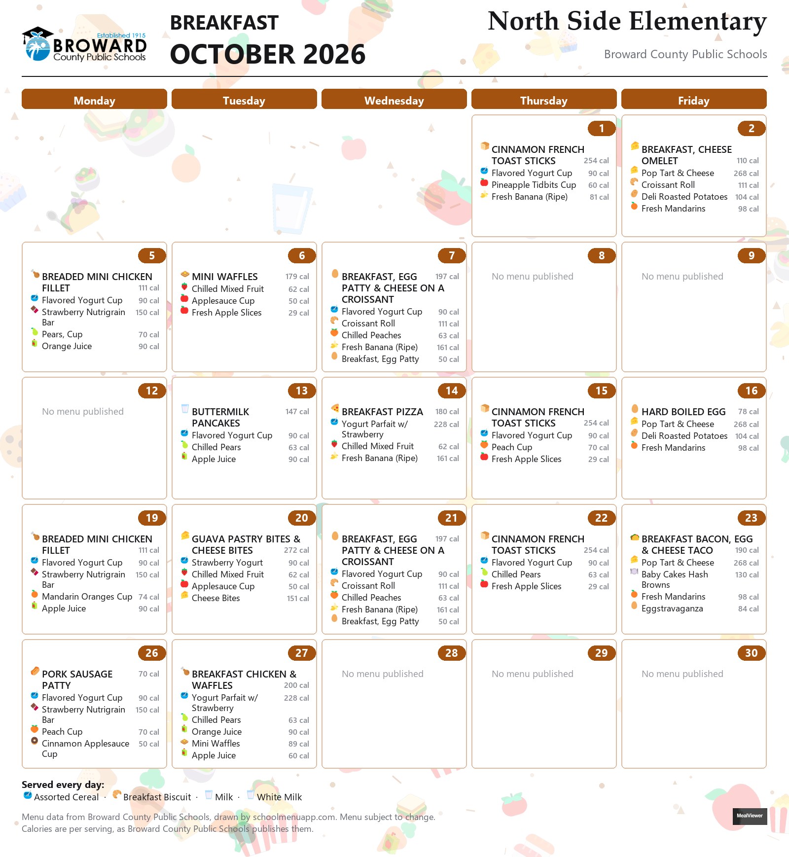 North Side Elementary breakfast menu for October 2026 &mdash; Broward County Public Schools