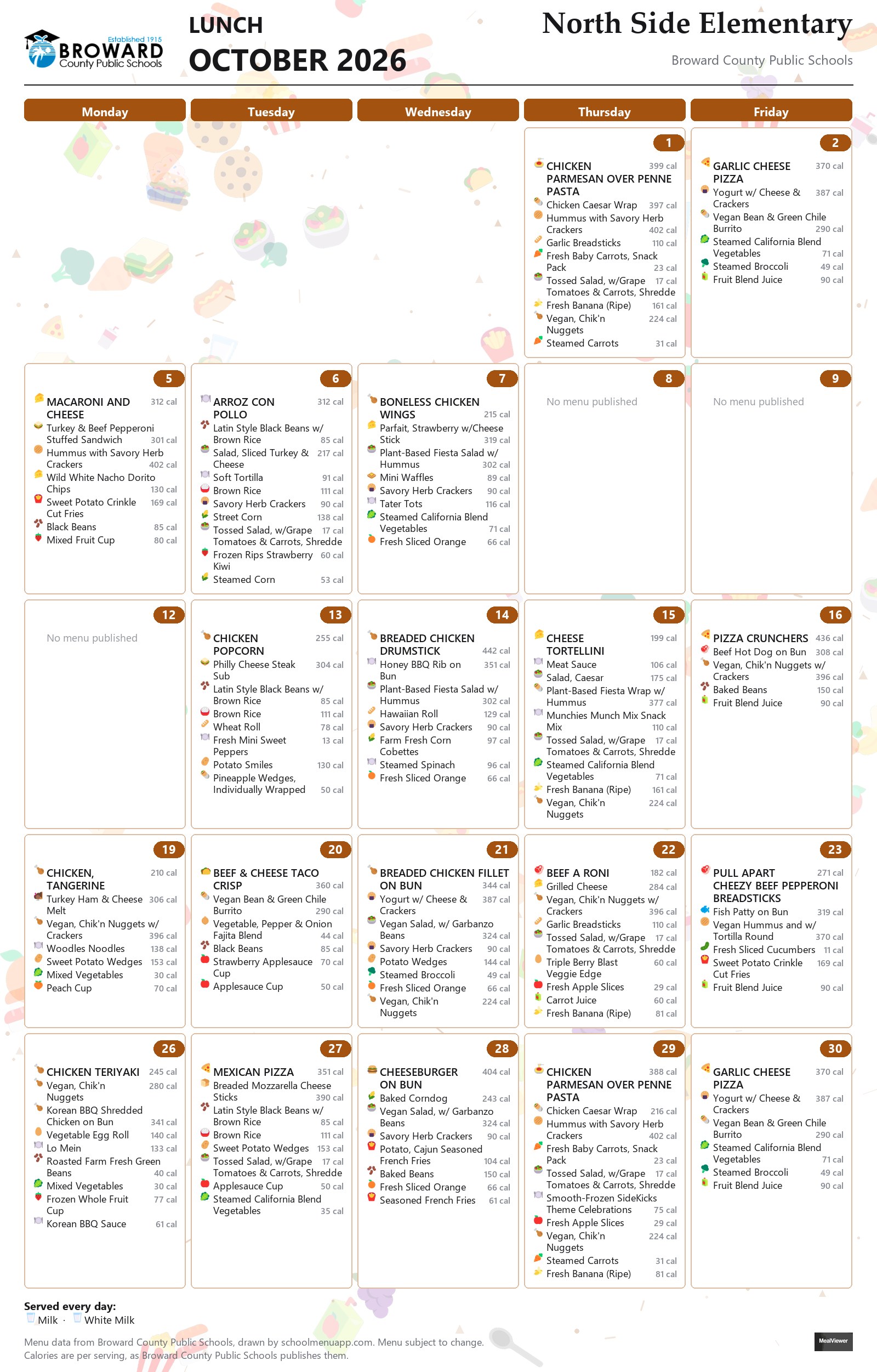 North Side Elementary lunch menu for October 2026 &mdash; Broward County Public Schools