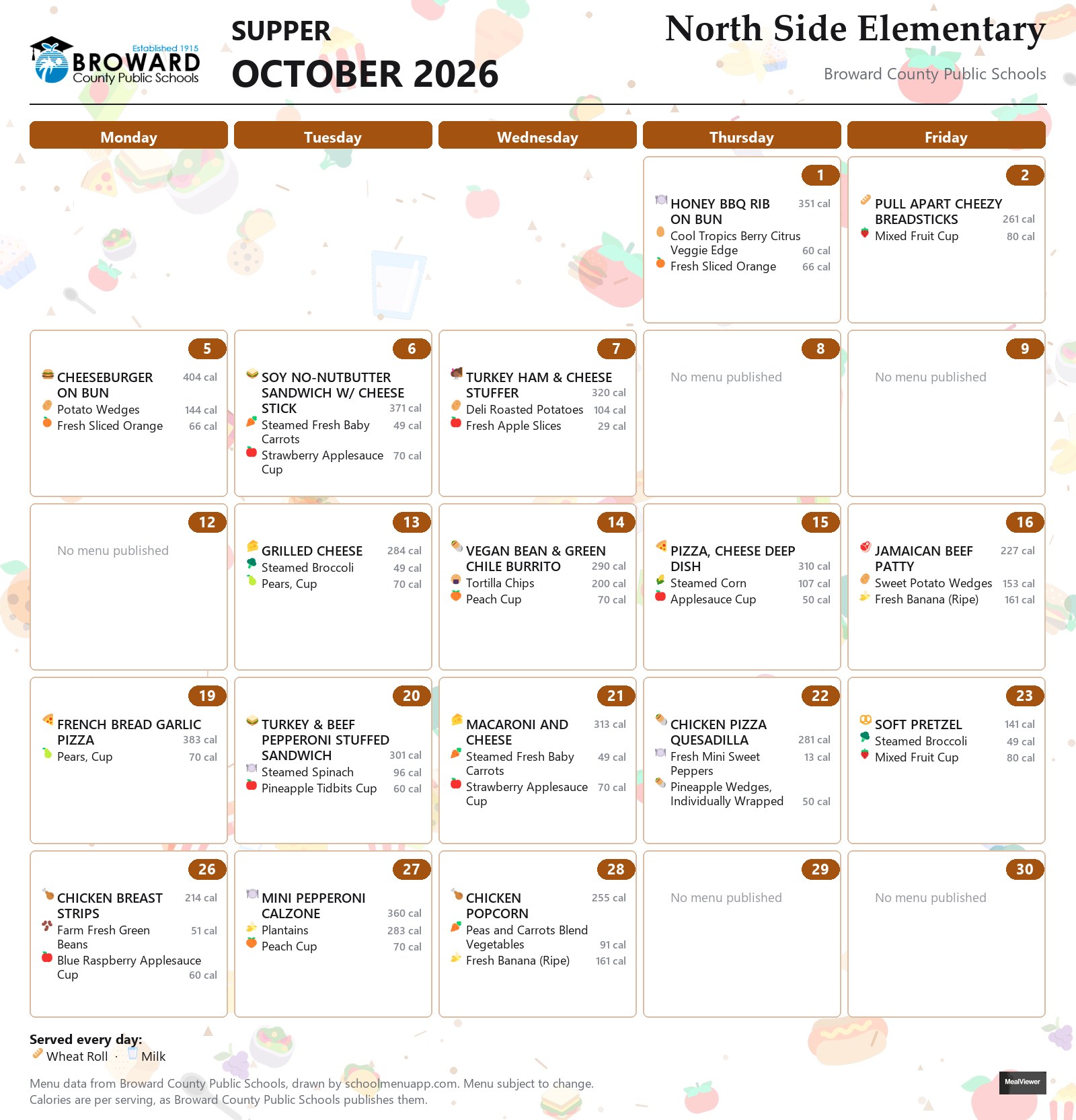 North Side Elementary supper menu for October 2026 &mdash; Broward County Public Schools