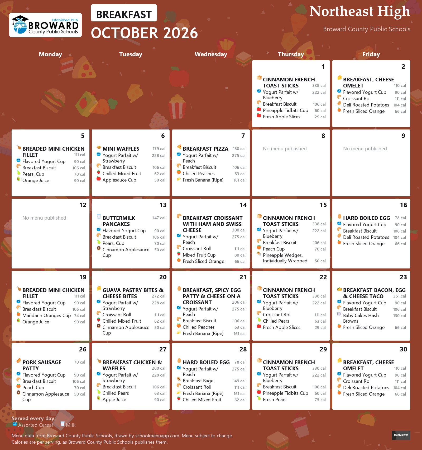 Northeast High breakfast menu for October 2026 &mdash; Broward County Public Schools