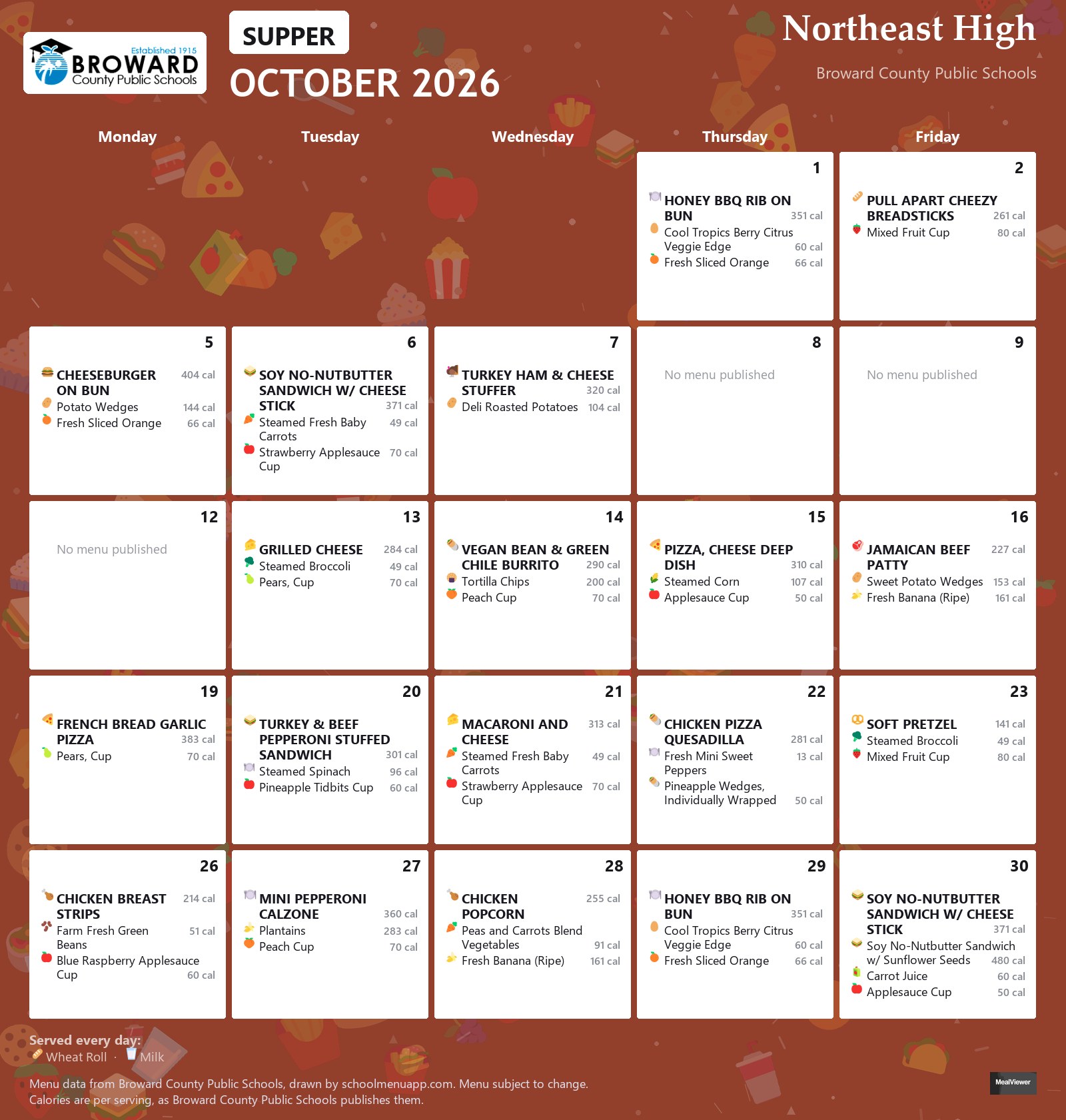 Northeast High supper menu for October 2026 &mdash; Broward County Public Schools