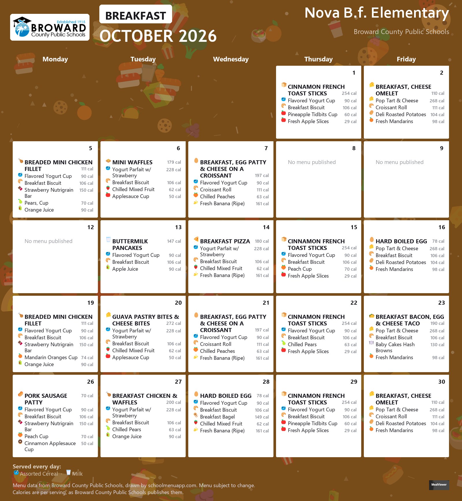 Nova B.f. Elementary breakfast menu for October 2026 &mdash; Broward County Public Schools