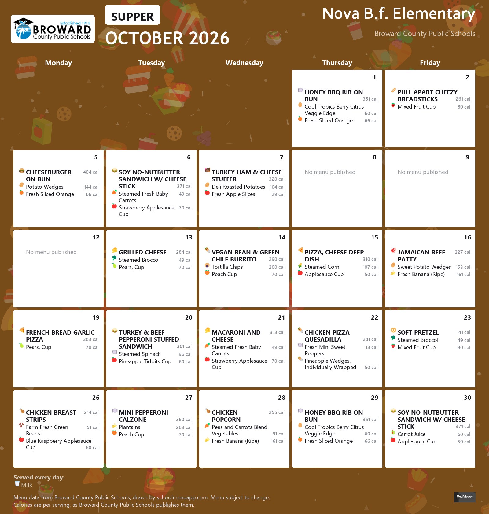 Nova B.f. Elementary supper menu for October 2026 &mdash; Broward County Public Schools
