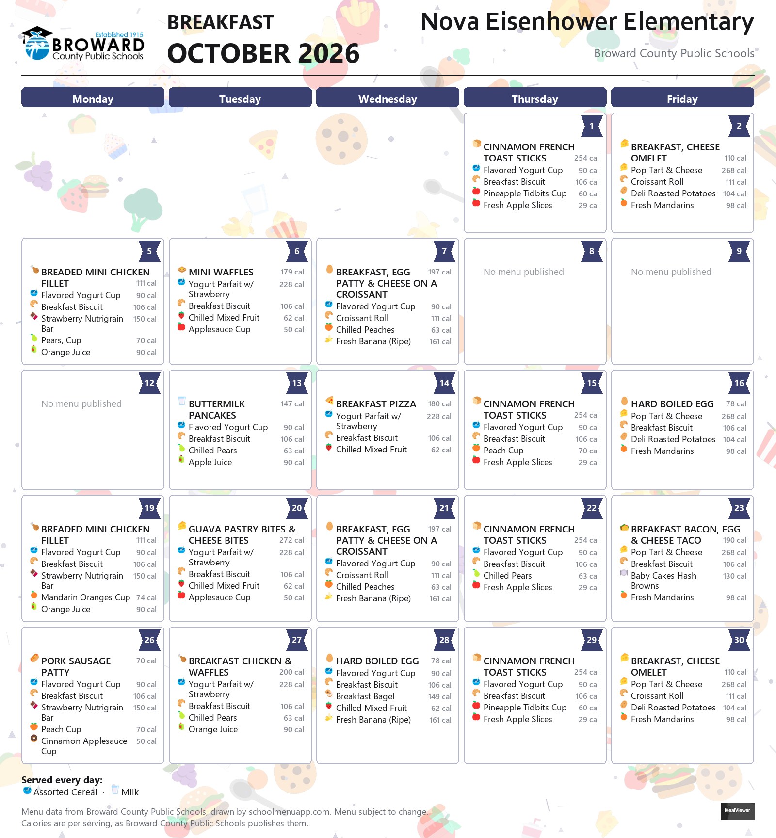Nova Eisenhower Elementary breakfast menu for October 2026 &mdash; Broward County Public Schools
