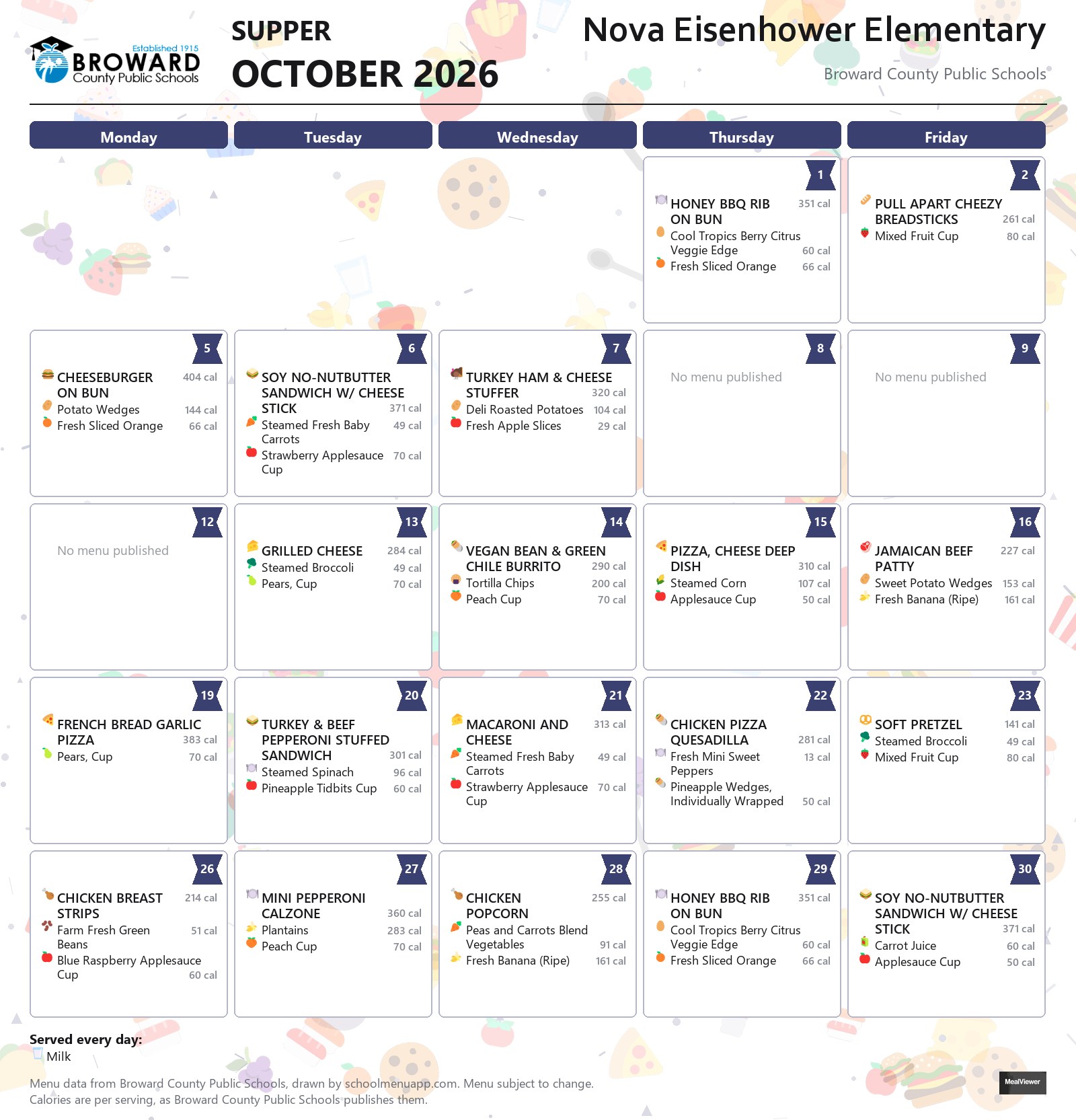 Nova Eisenhower Elementary supper menu for October 2026 &mdash; Broward County Public Schools