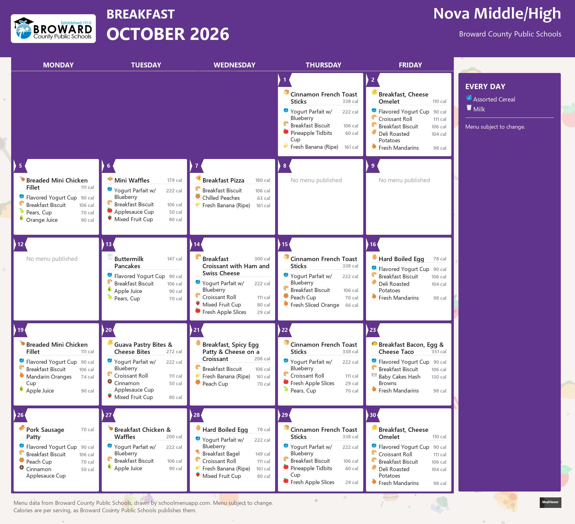 Nova Middle/High breakfast menu for October 2026 &mdash; Broward County Public Schools