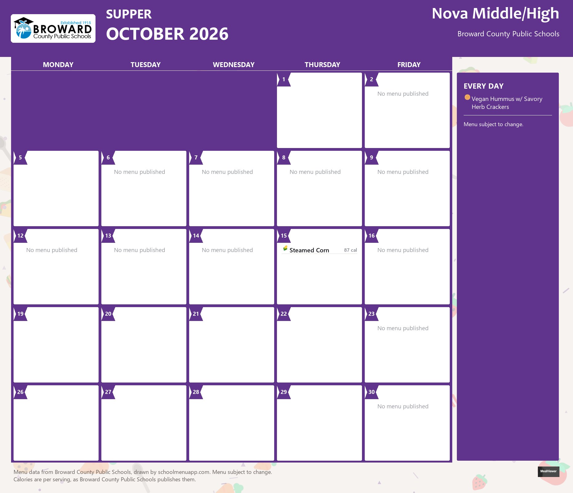 Nova Middle/High supper menu for October 2026 &mdash; Broward County Public Schools