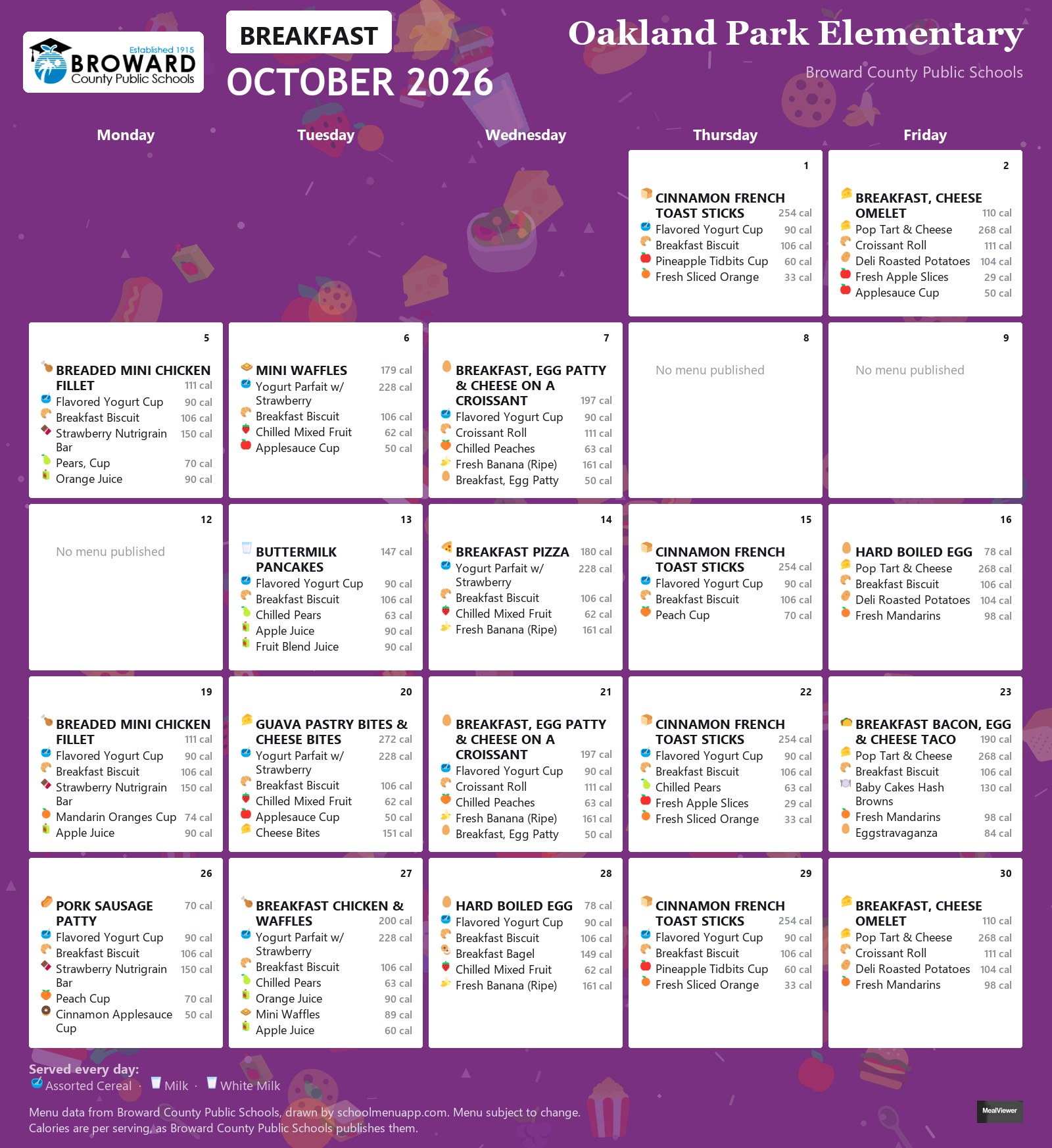 Oakland Park Elementary breakfast menu for October 2026 &mdash; Broward County Public Schools