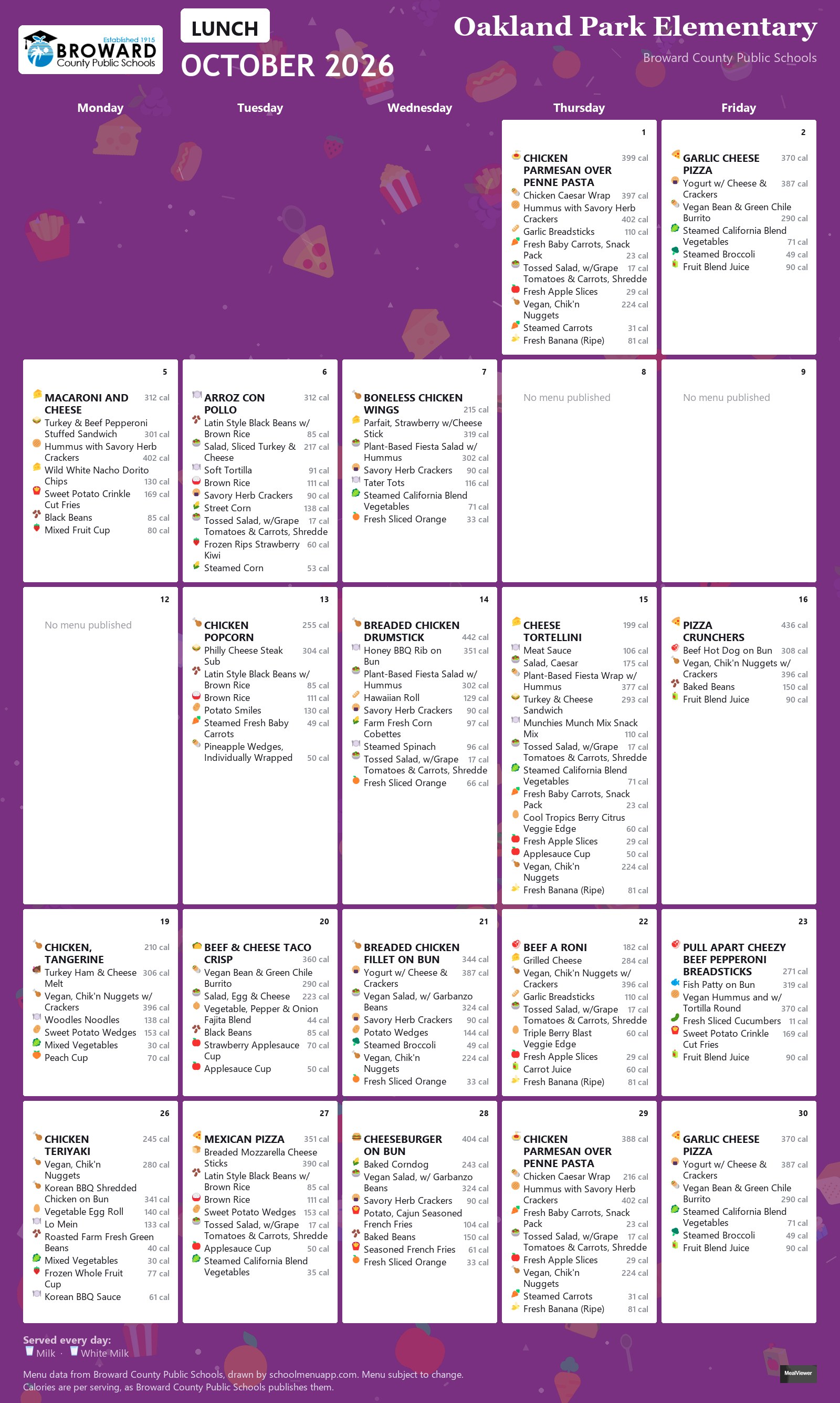 Oakland Park Elementary lunch menu for October 2026 &mdash; Broward County Public Schools