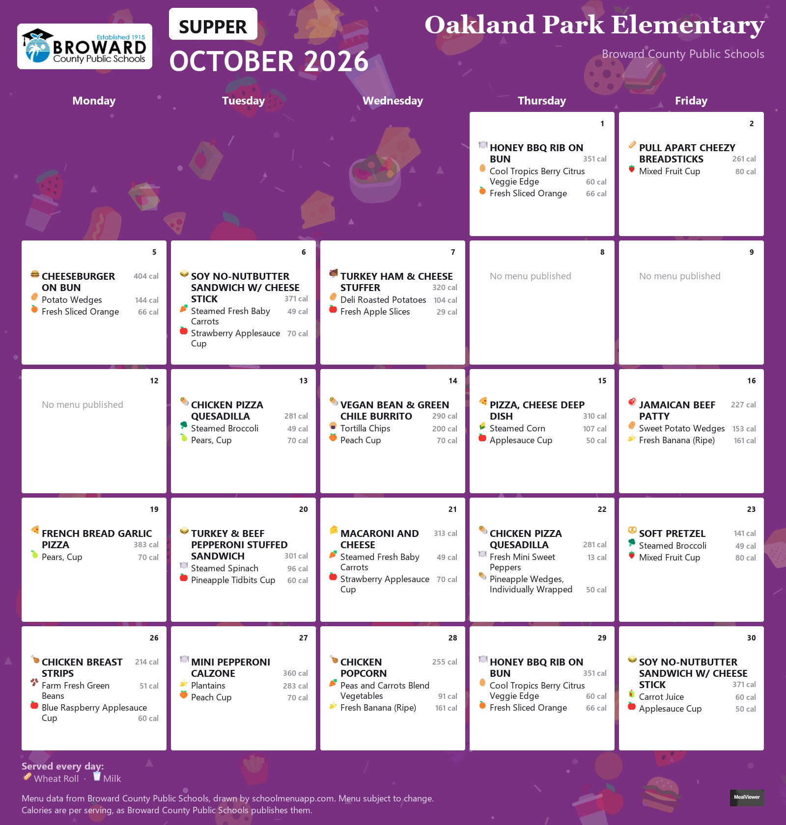 Oakland Park Elementary supper menu for October 2026 &mdash; Broward County Public Schools