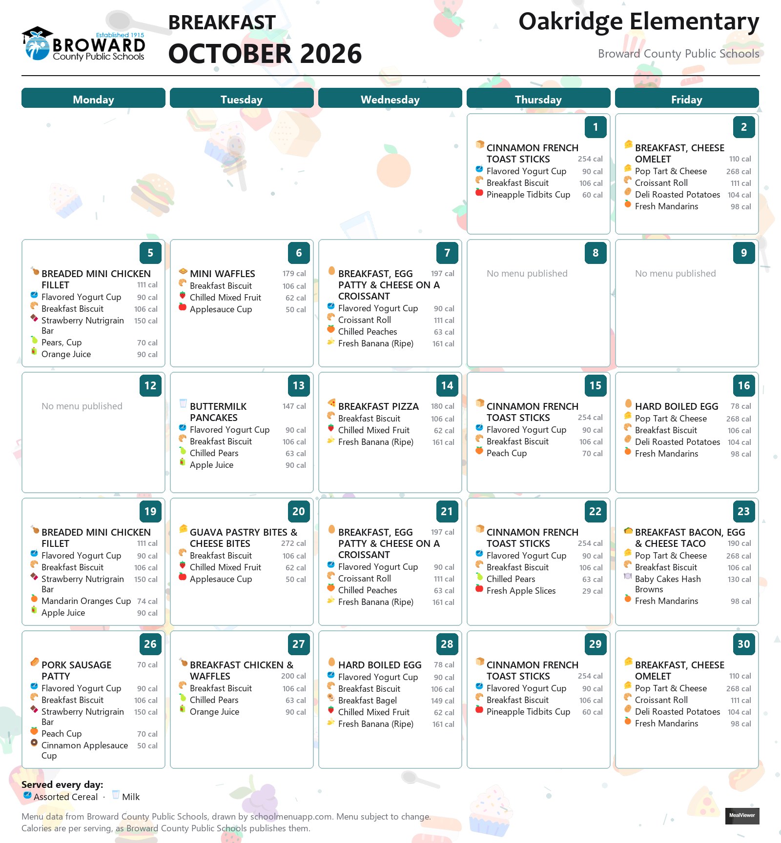 Oakridge Elementary breakfast menu for October 2026 &mdash; Broward County Public Schools