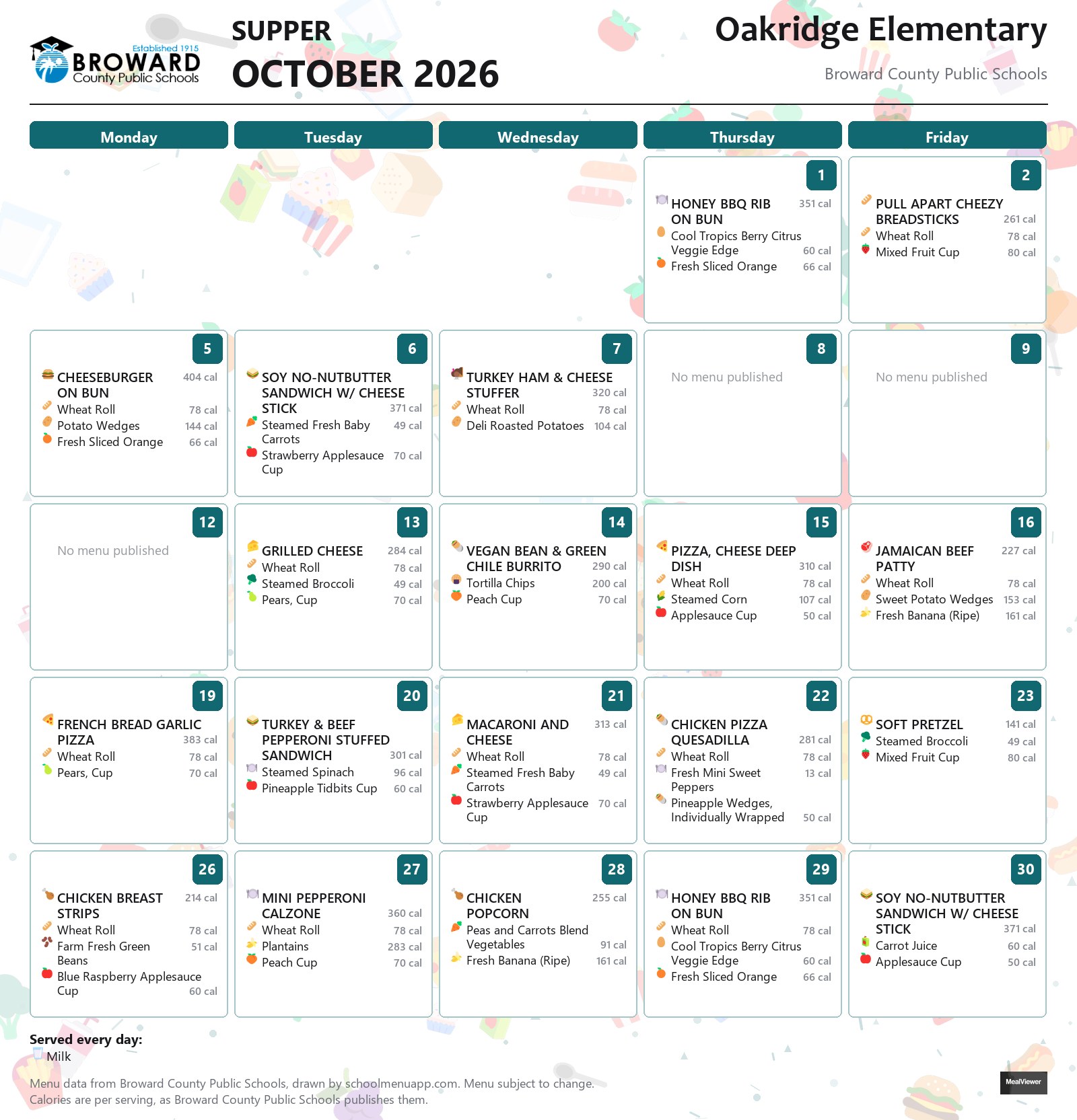 Oakridge Elementary supper menu for October 2026 &mdash; Broward County Public Schools