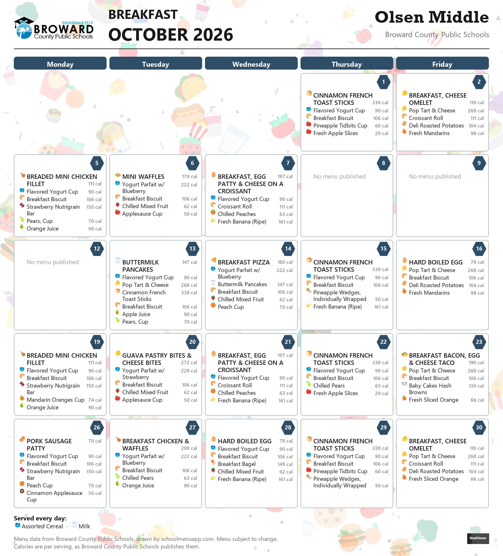 Olsen Middle breakfast menu for October 2026 &mdash; Broward County Public Schools