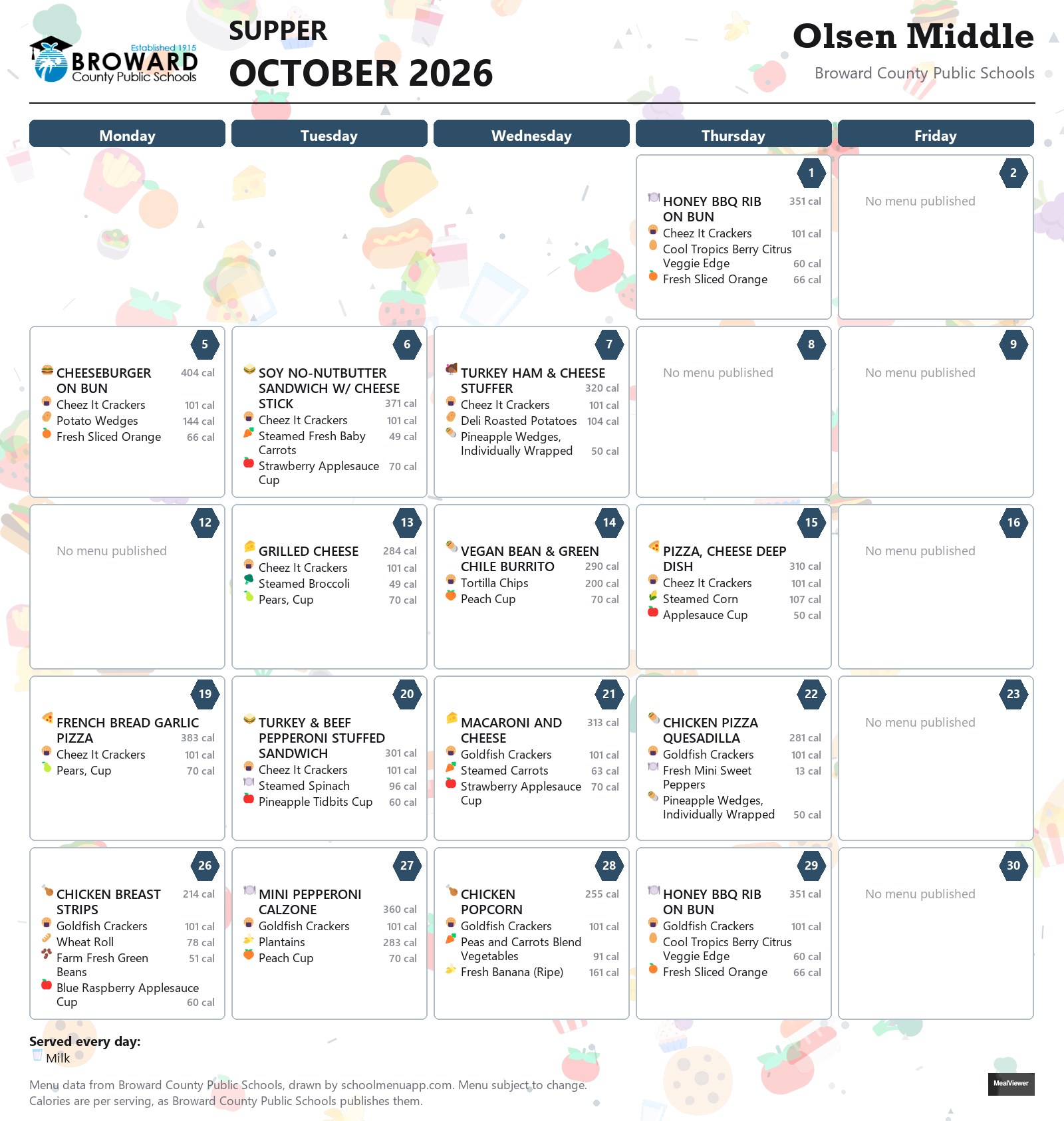 Olsen Middle supper menu for October 2026 &mdash; Broward County Public Schools