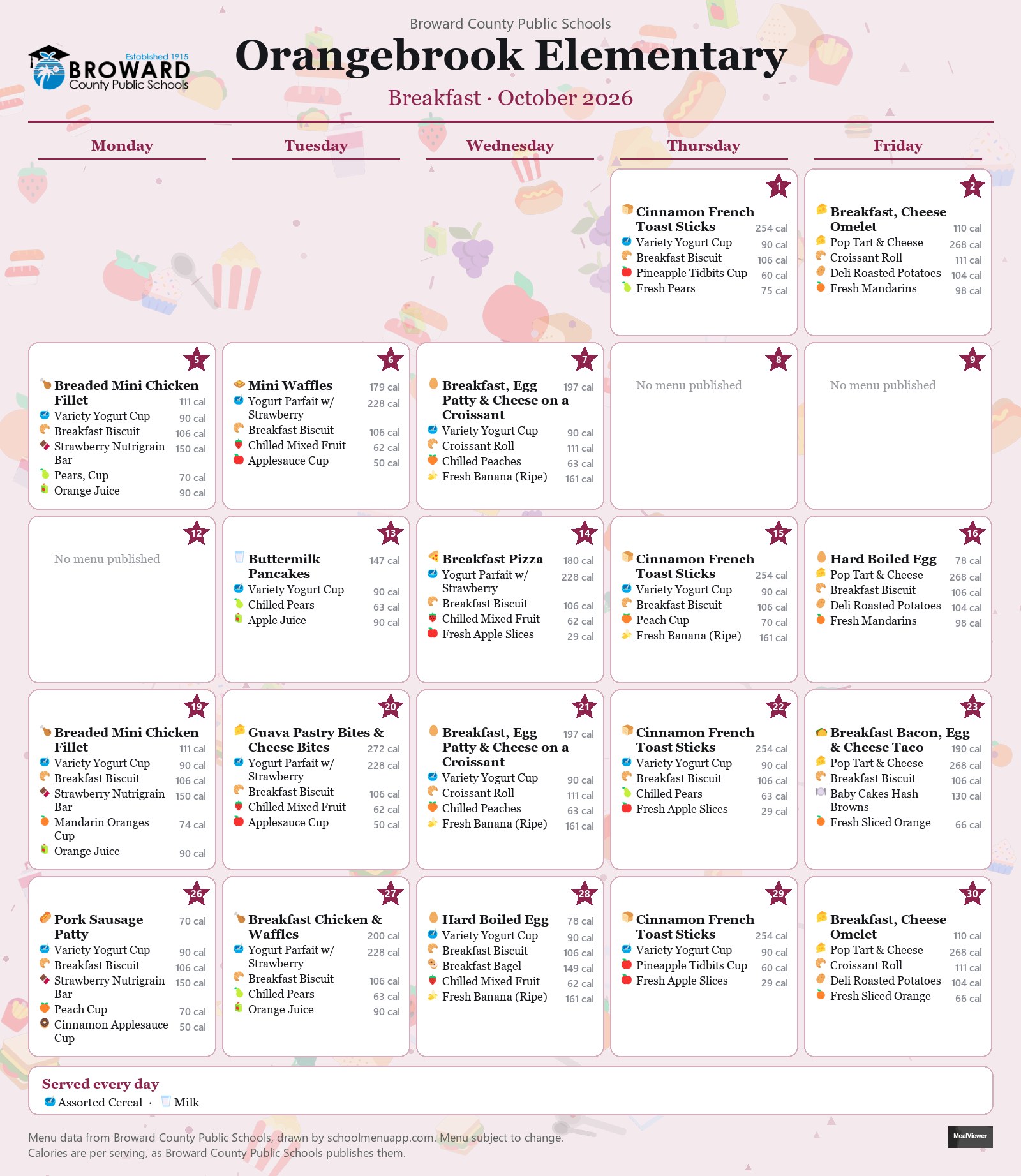 Orangebrook Elementary breakfast menu for October 2026 &mdash; Broward County Public Schools