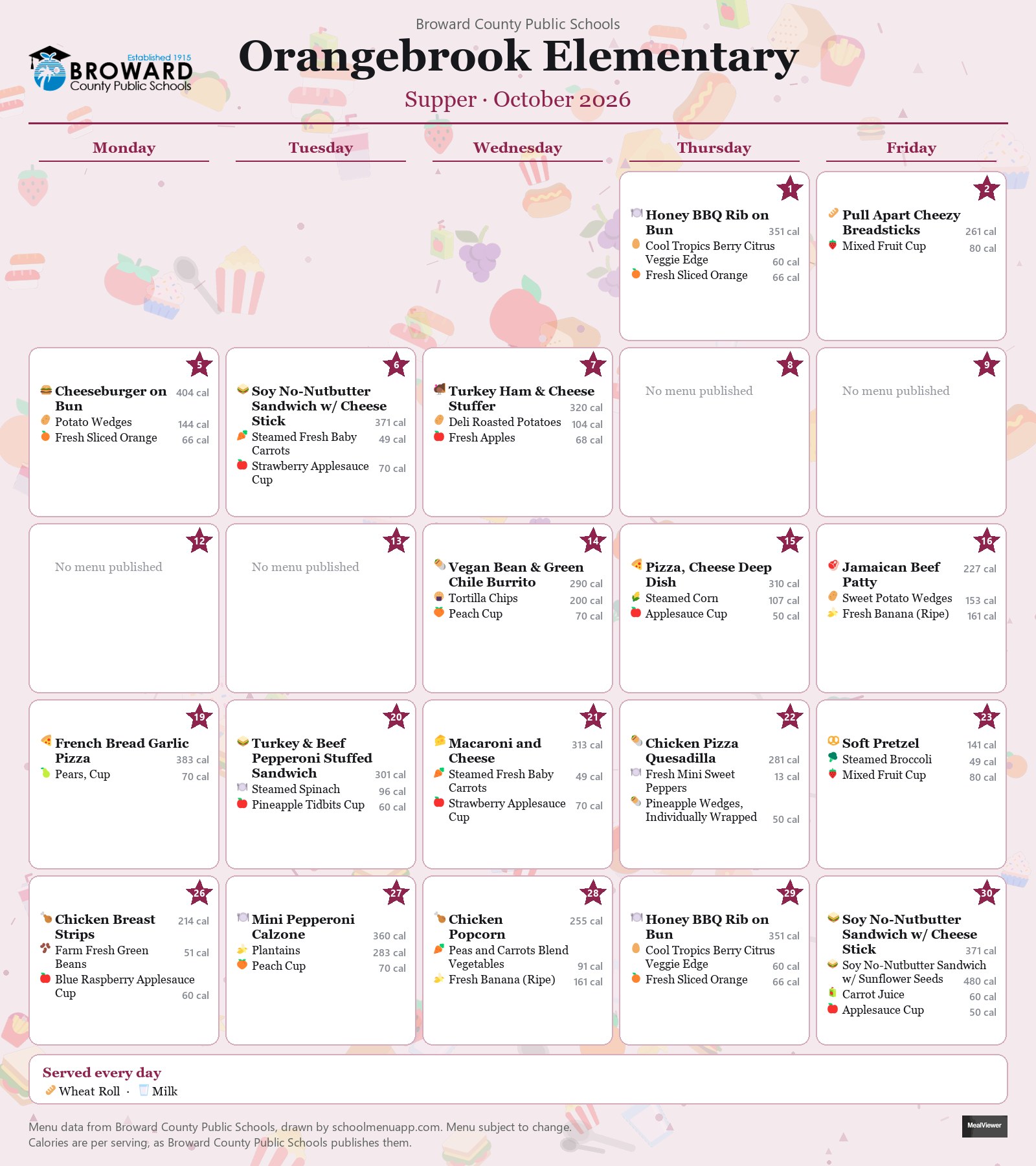 Orangebrook Elementary supper menu for October 2026 &mdash; Broward County Public Schools