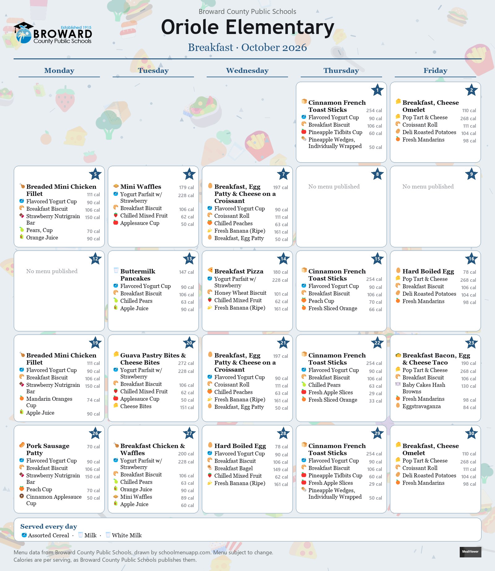 Oriole Elementary breakfast menu for October 2026 &mdash; Broward County Public Schools