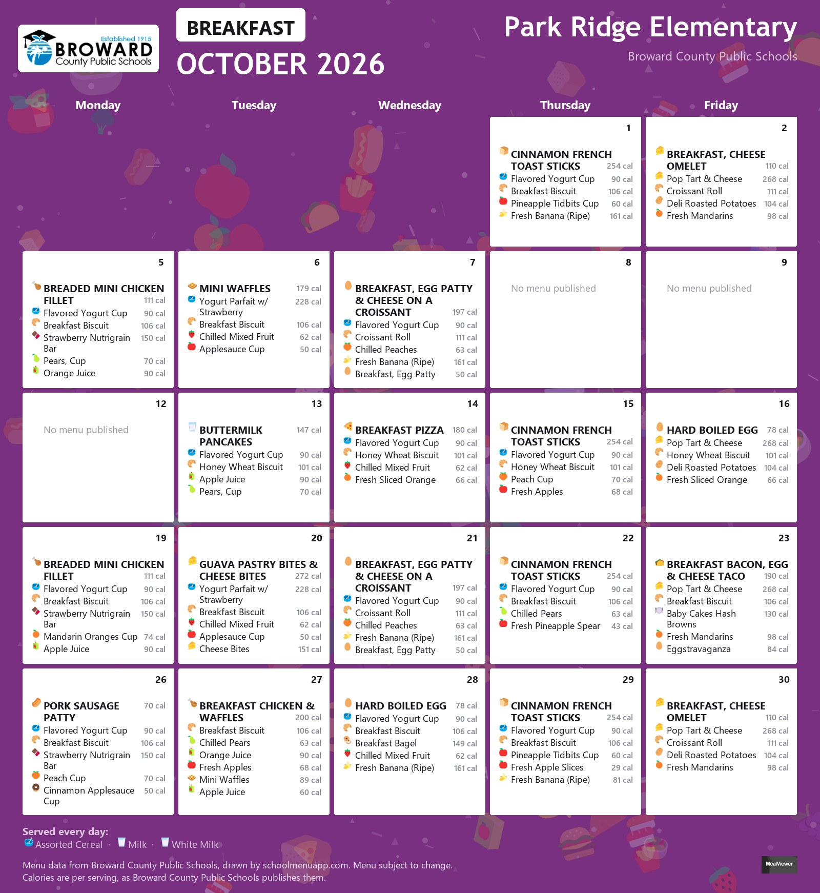 Park Ridge Elementary breakfast menu for October 2026 &mdash; Broward County Public Schools