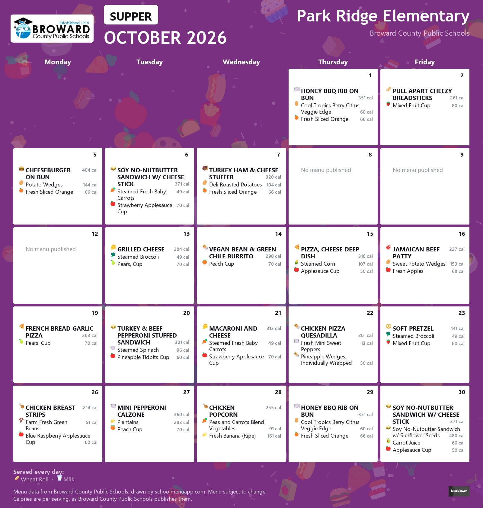 Park Ridge Elementary supper menu for October 2026 &mdash; Broward County Public Schools