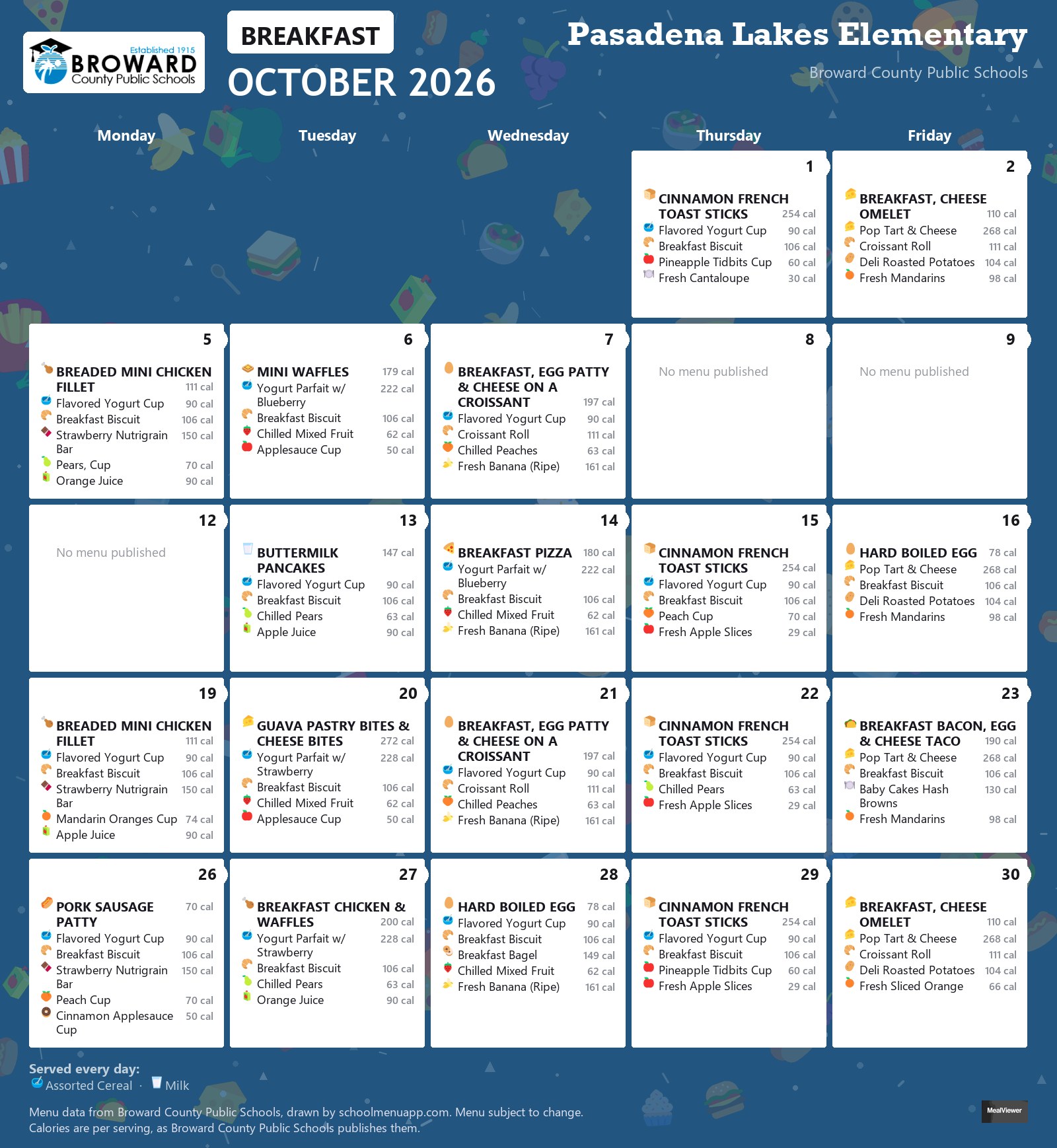Pasadena Lakes Elementary breakfast menu for October 2026 &mdash; Broward County Public Schools
