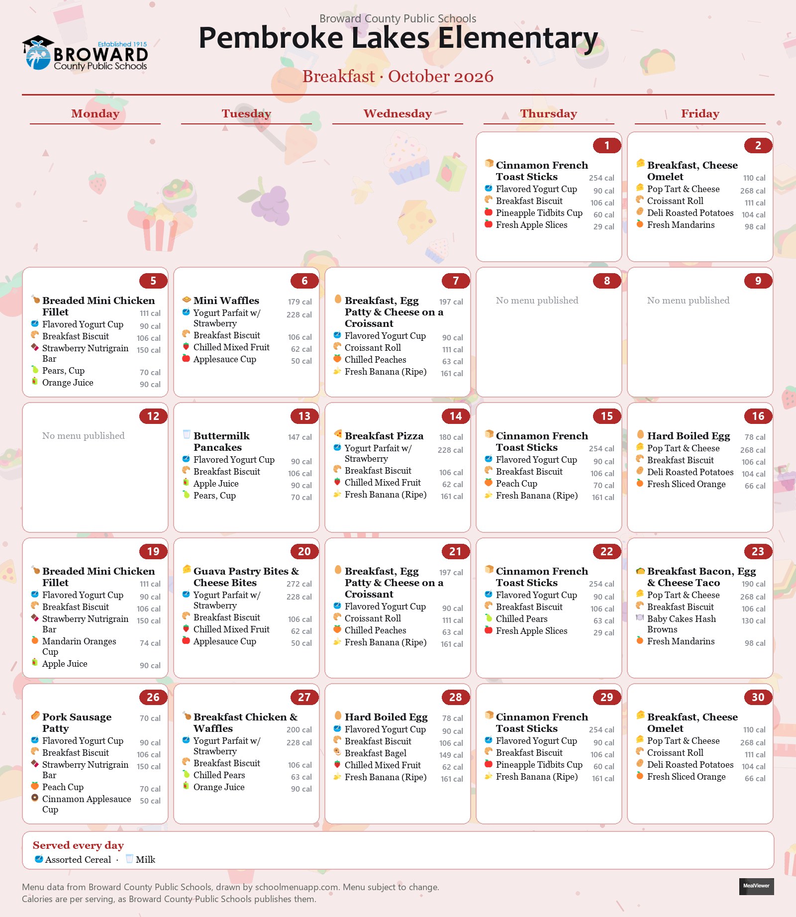 Pembroke Lakes Elementary breakfast menu for October 2026 &mdash; Broward County Public Schools