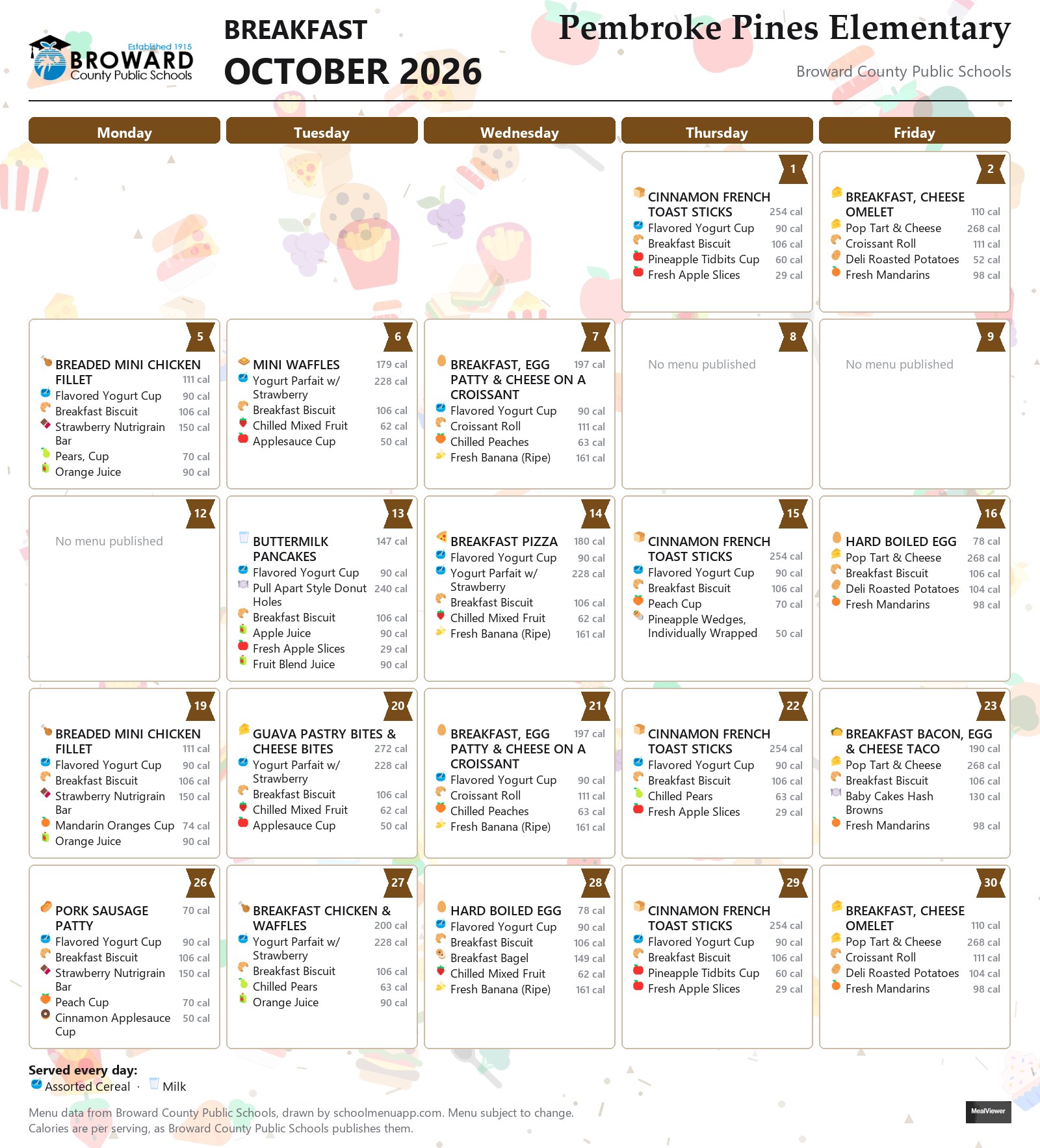 Pembroke Pines Elementary breakfast menu for October 2026 &mdash; Broward County Public Schools