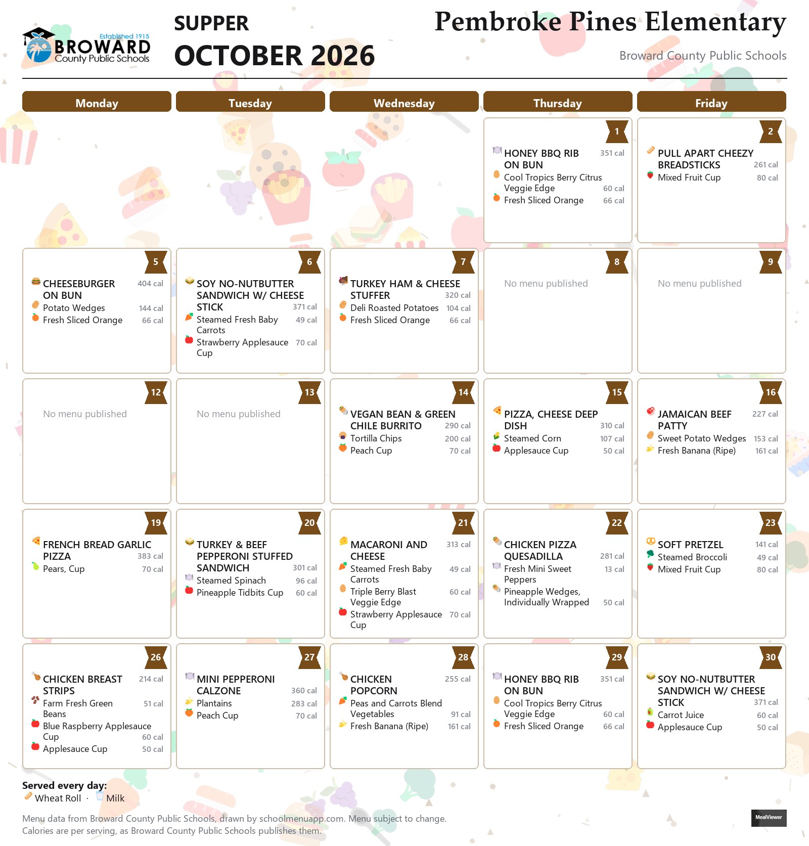 Pembroke Pines Elementary supper menu for October 2026 &mdash; Broward County Public Schools