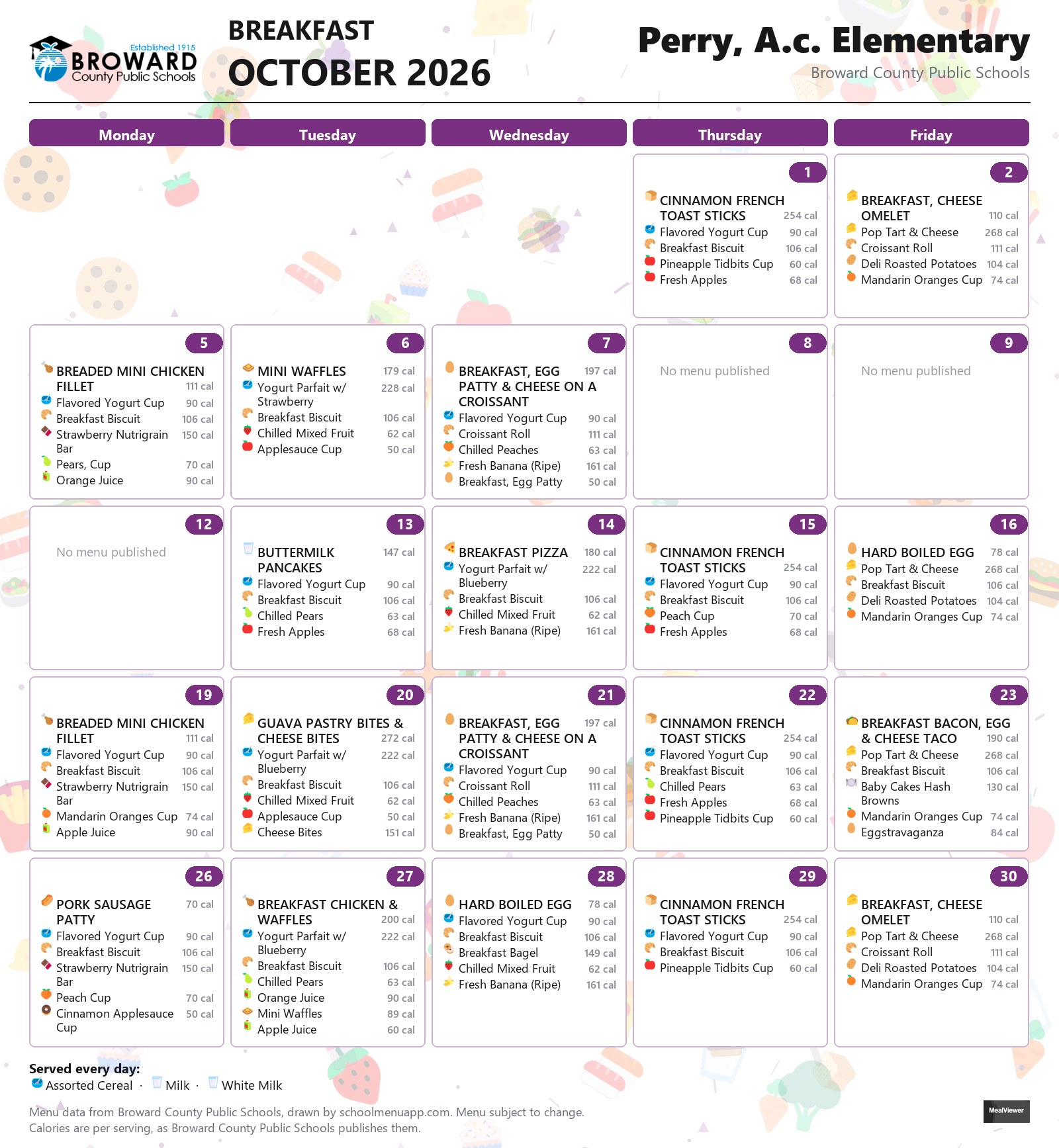 Perry, A.c. Elementary breakfast menu for October 2026 &mdash; Broward County Public Schools