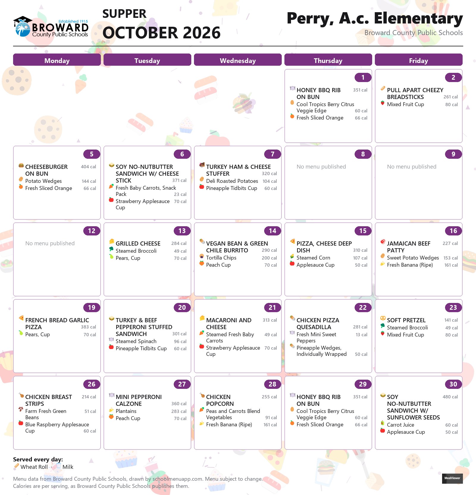 Perry, A.c. Elementary supper menu for October 2026 &mdash; Broward County Public Schools