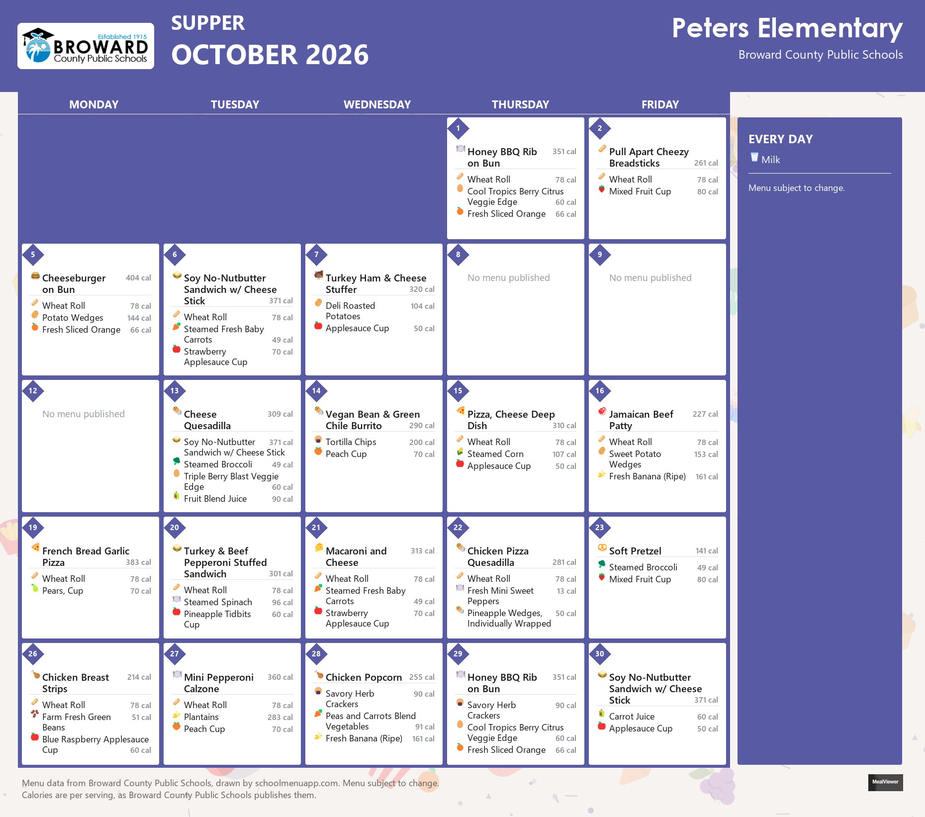Peters Elementary supper menu for October 2026 &mdash; Broward County Public Schools