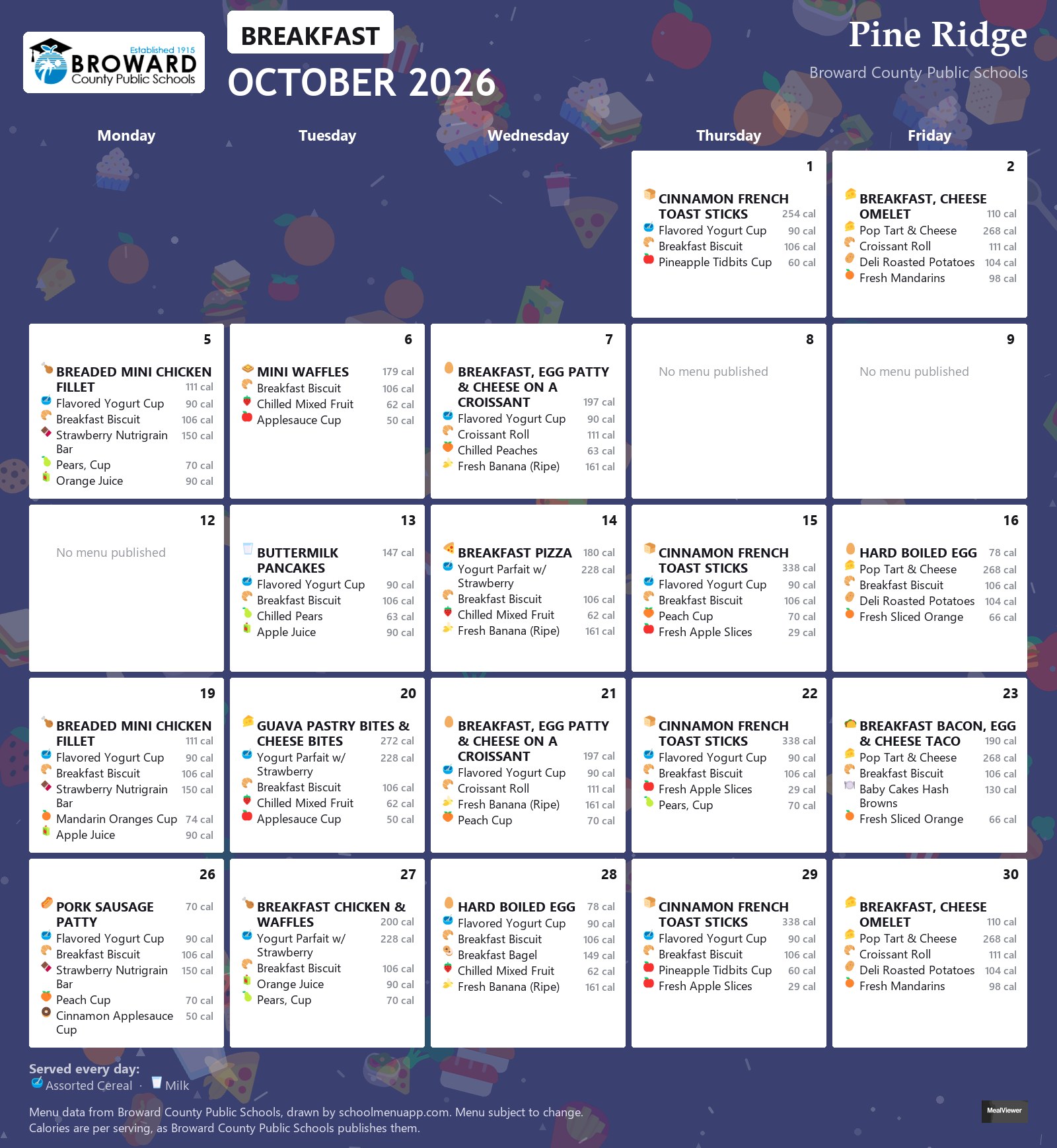 Pine Ridge breakfast menu for October 2026 &mdash; Broward County Public Schools