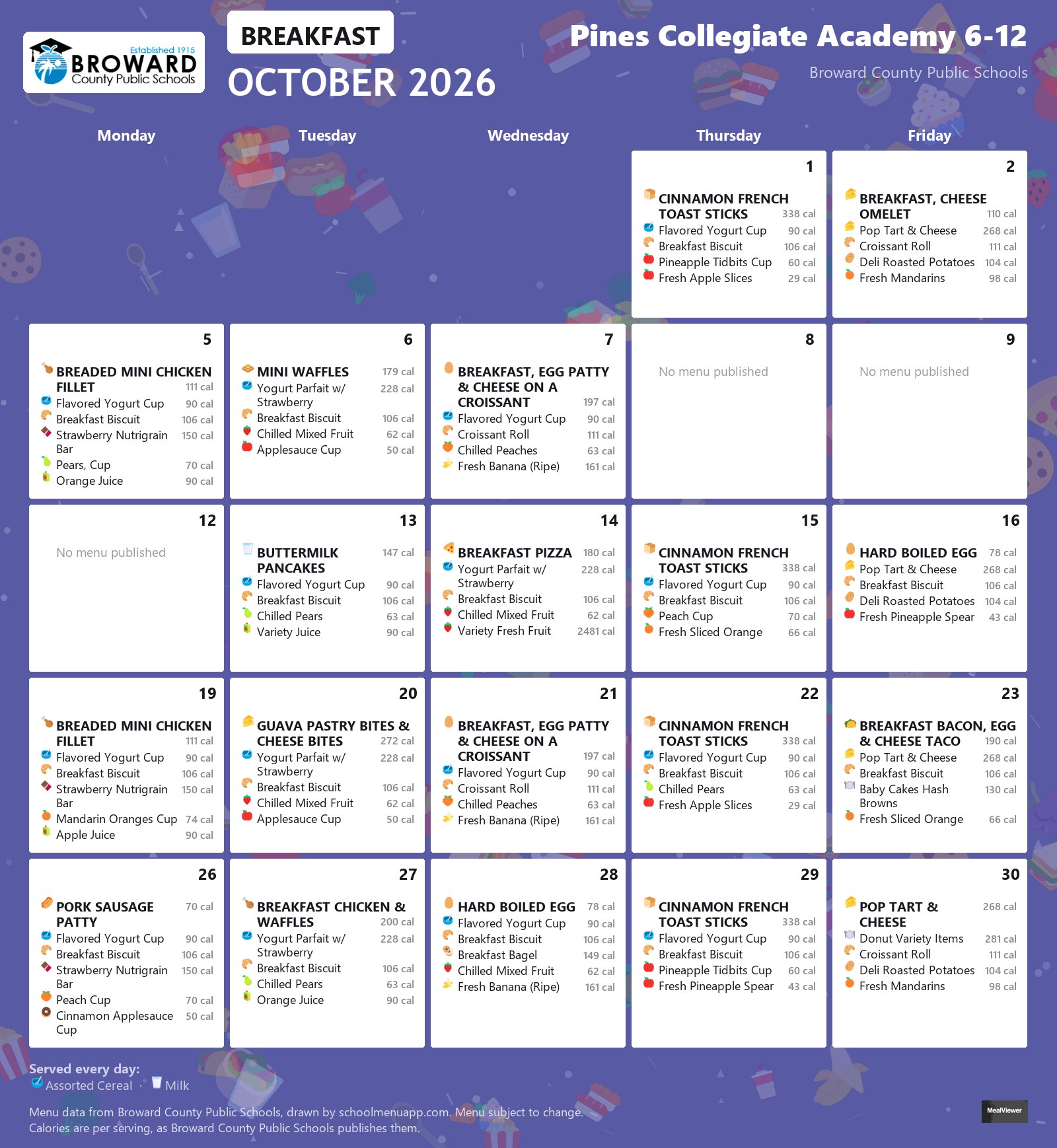 Pines Collegiate Academy 6-12 breakfast menu for October 2026 &mdash; Broward County Public Schools