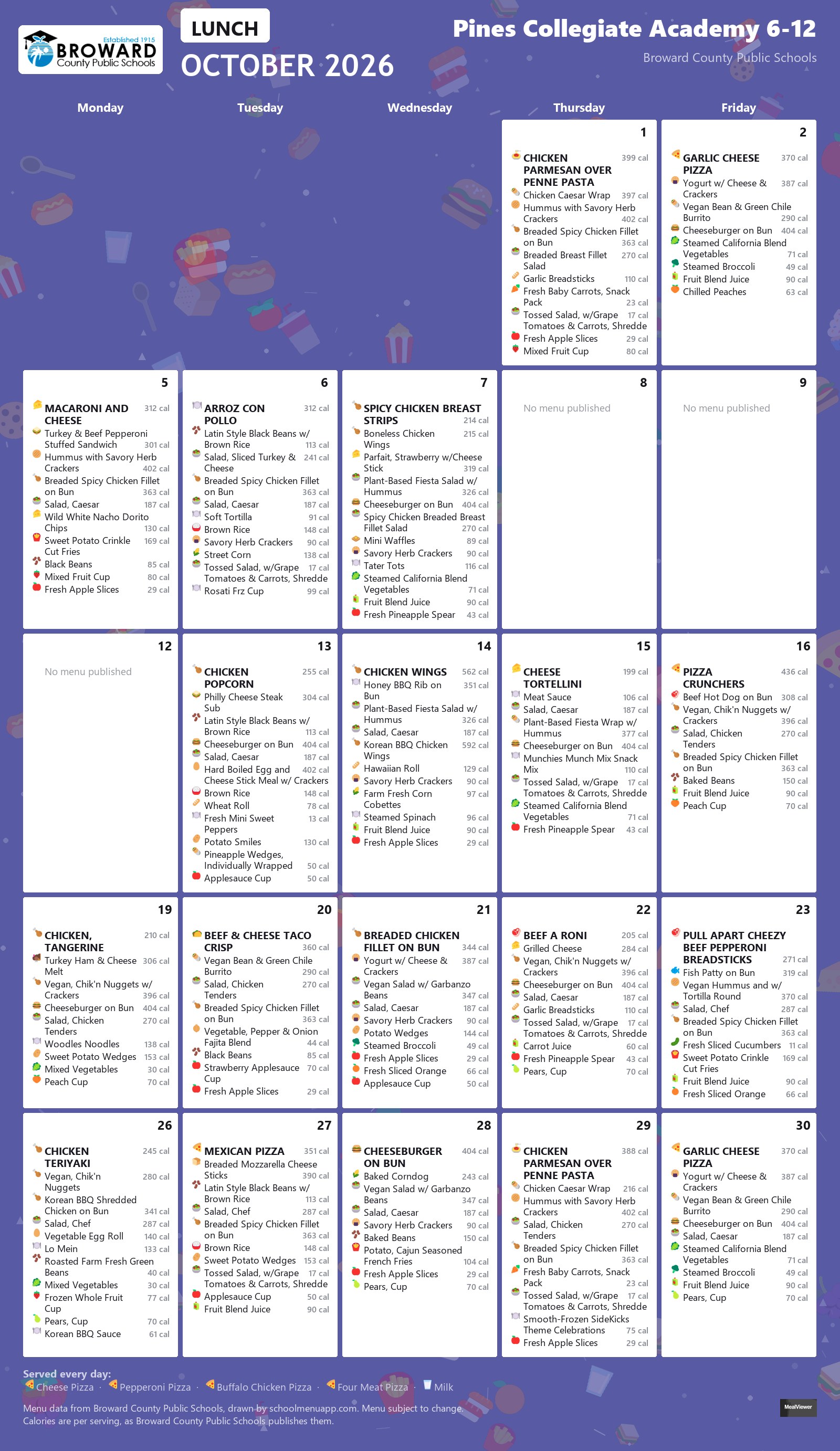 Pines Collegiate Academy 6-12 lunch menu for October 2026 &mdash; Broward County Public Schools