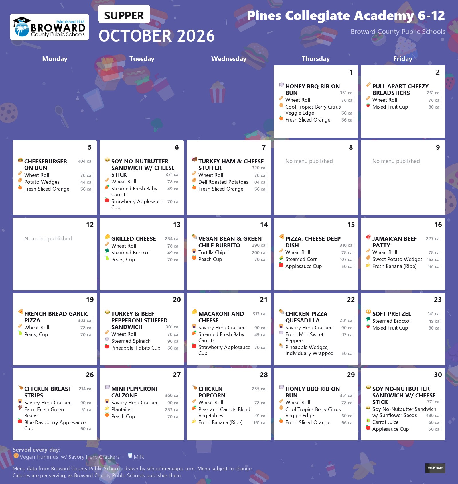 Pines Collegiate Academy 6-12 supper menu for October 2026 &mdash; Broward County Public Schools