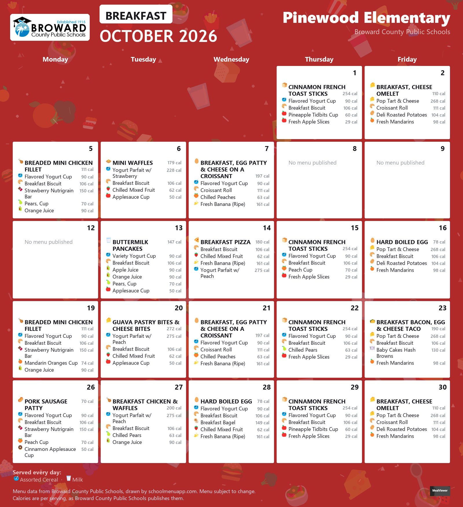 Pinewood Elementary breakfast menu for October 2026 &mdash; Broward County Public Schools